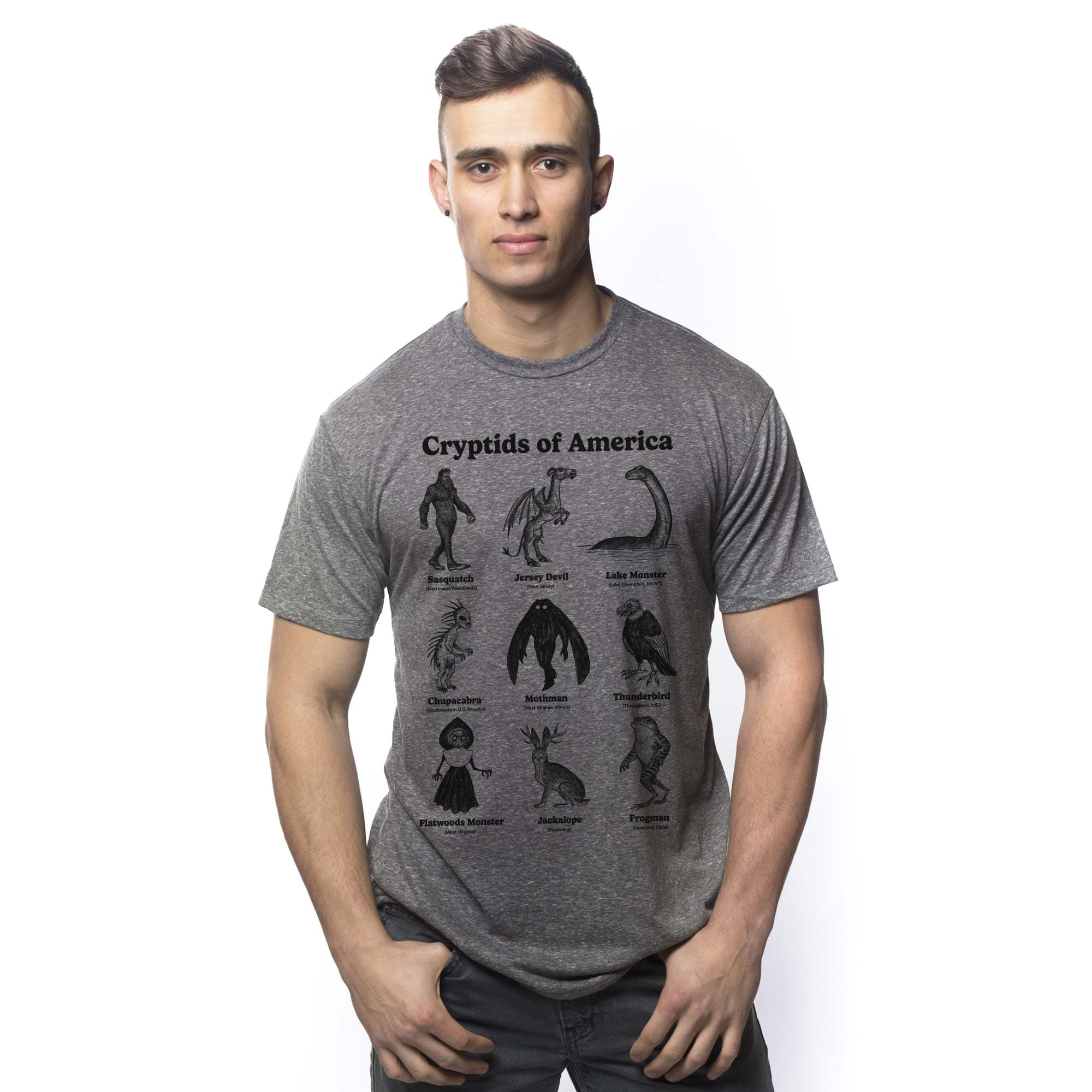 Men's Cryptids Of America Cool Graphic T-Shirt | Designer Bigfoot Myth Tee On Model | Solid Threads