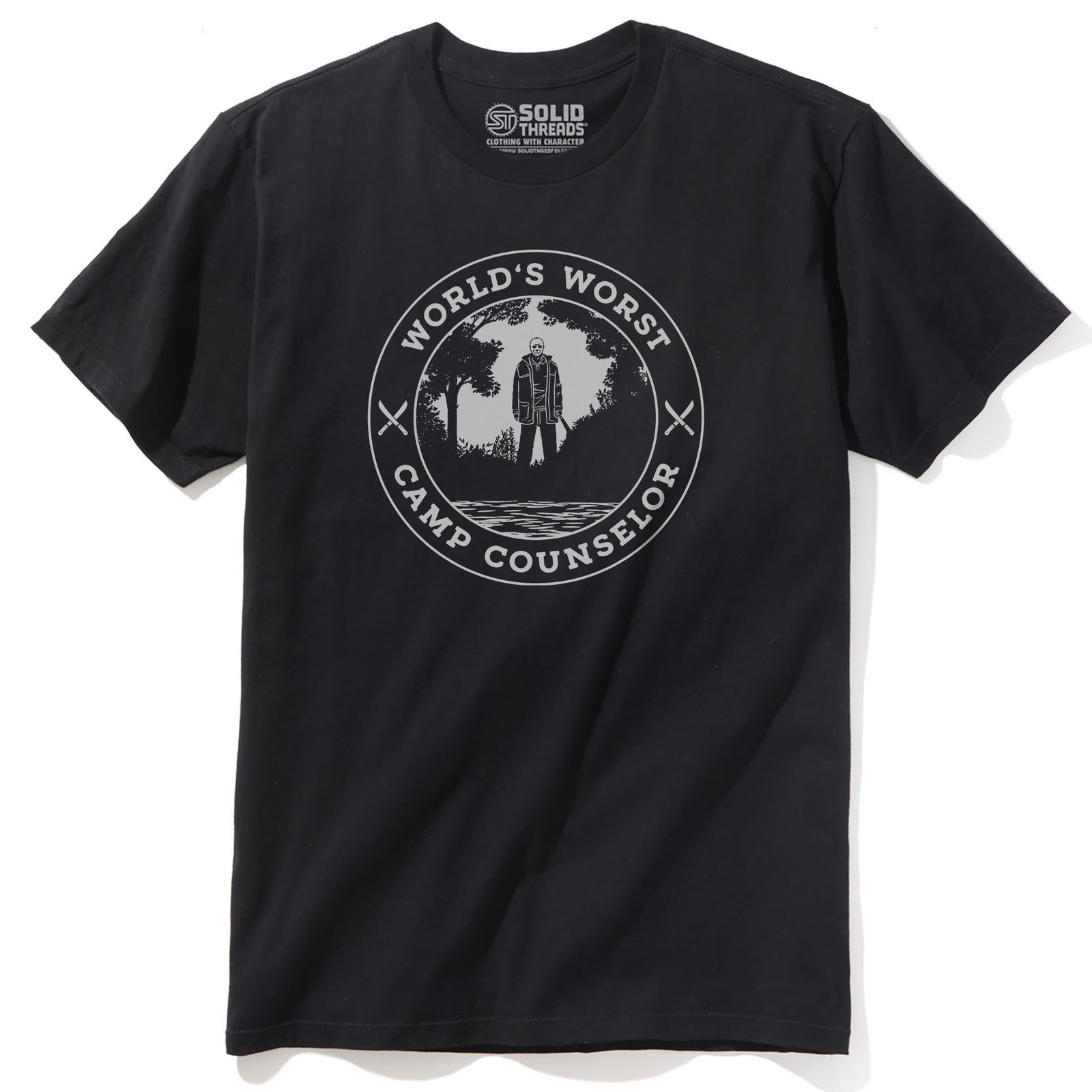 World's Worst Camp Counselor Funny Staple T-shirt in Black - Front View