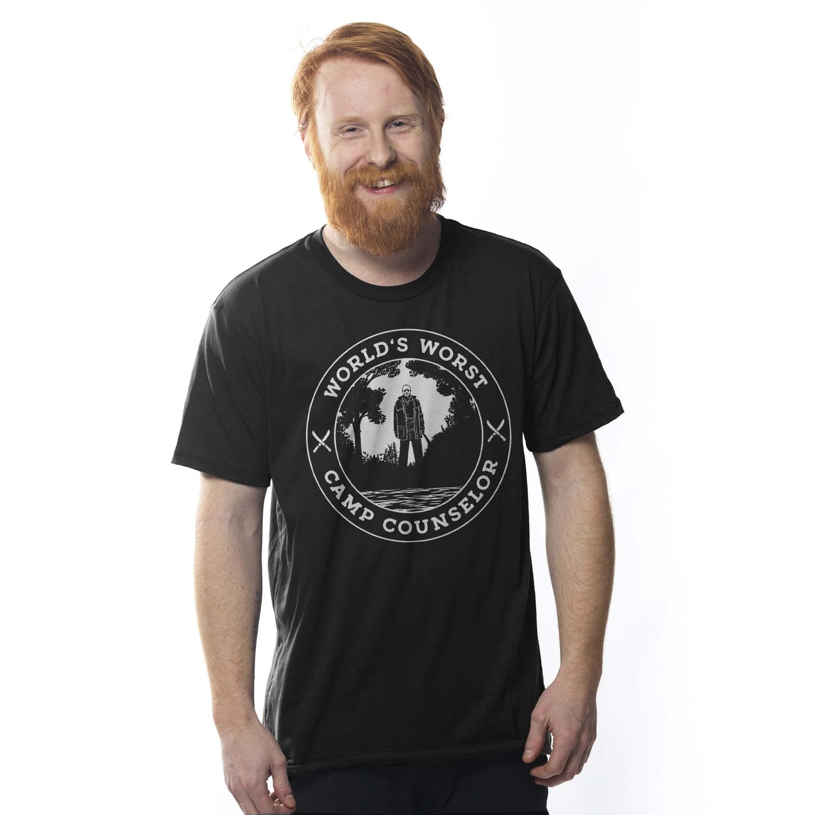 Men's World's Worst Counselor Cool Graphic T-Shirt | Funny Horror Movie Tee On Model | Solid Threads