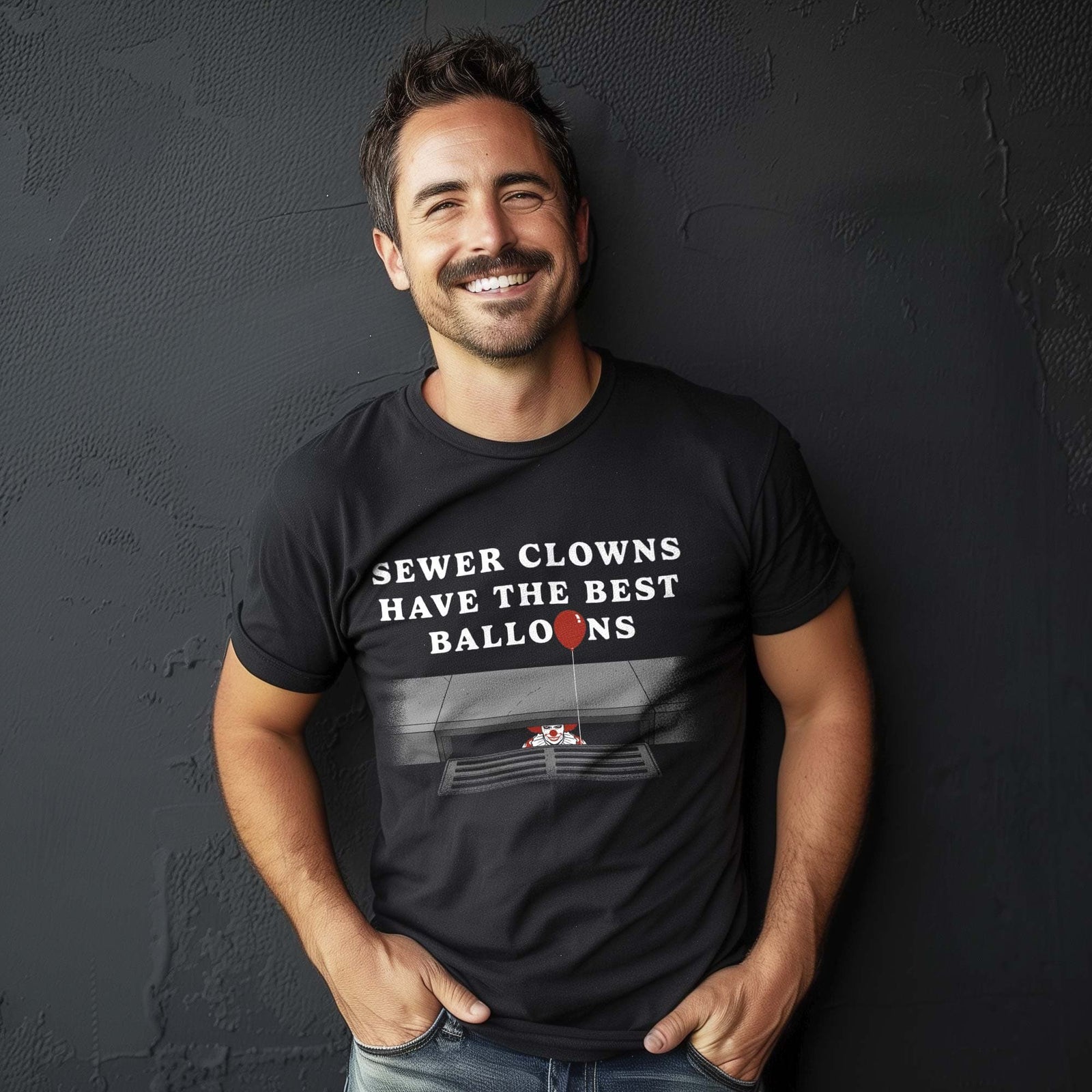 Men's Sewer Clowns Have The Best Balloons Funny Graphic T-Shirt | Cool Horror Movie Tee On Model | Solid Threads