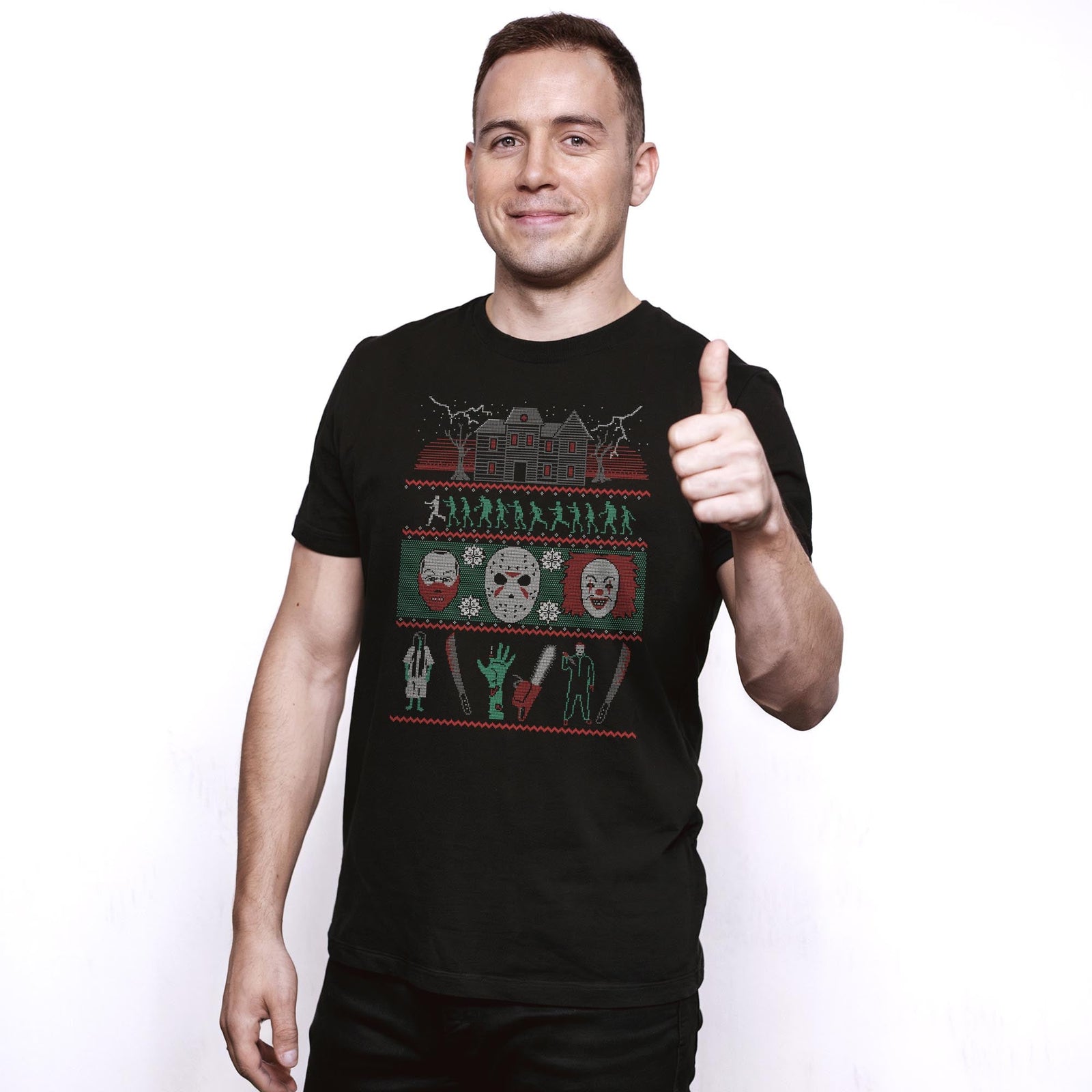 Classic Horror Xmas Sweater Designer Staple T-shirt in Black On Model - Front View