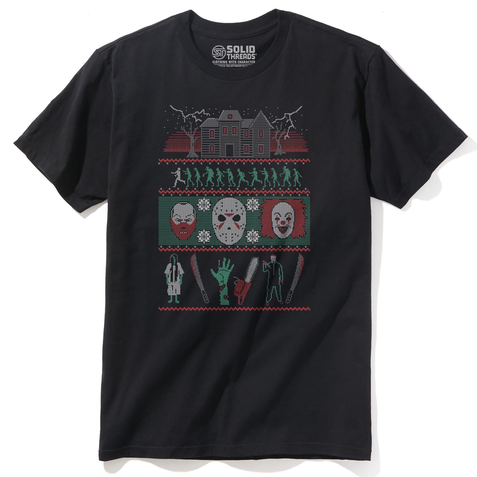 Classic Horror Xmas Sweater Designer Staple T-shirt in Black - Front View