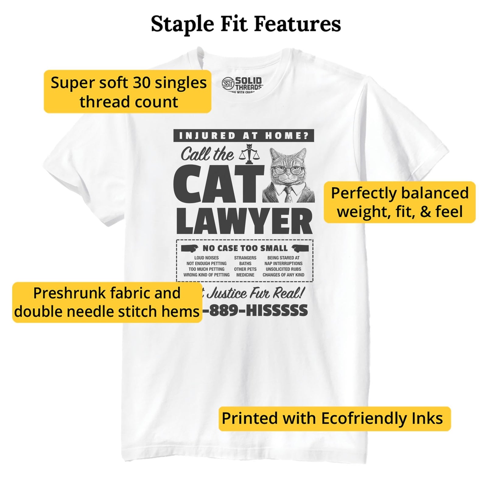 Cat Lawyer Funny Staple T-shirt in White - Fit Attributes