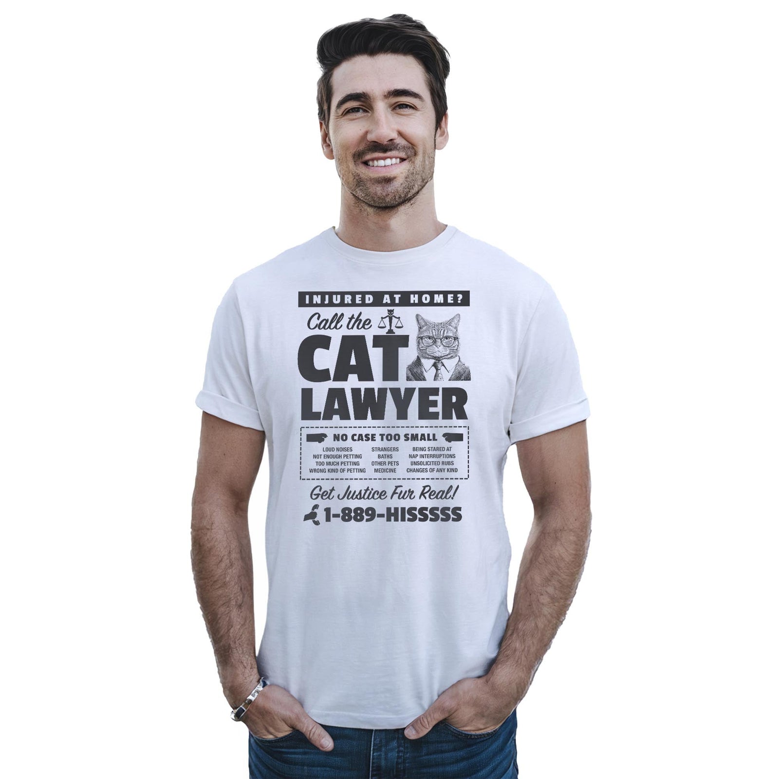 Cat Lawyer Funny Staple T-shirt in White On Model - Front View