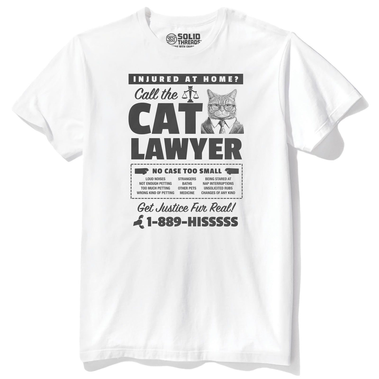 Cat Lawyer Funny Staple T-shirt in White - Front View