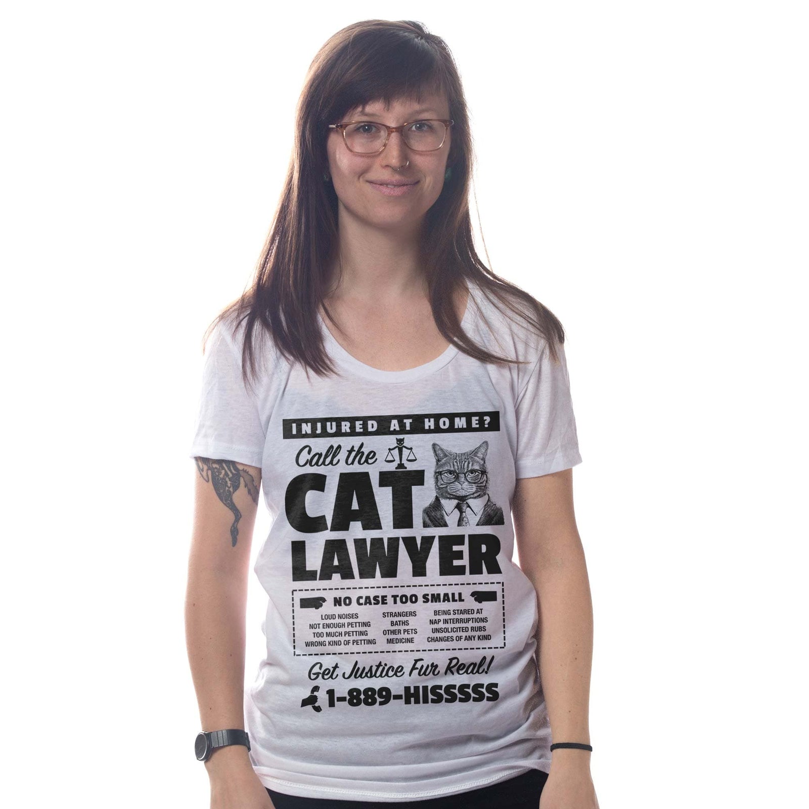 Women's Cat Lawyer Funny Graphic T-Shirt | Vintage Advertisement Glasses Tee On Model | Solid Threads