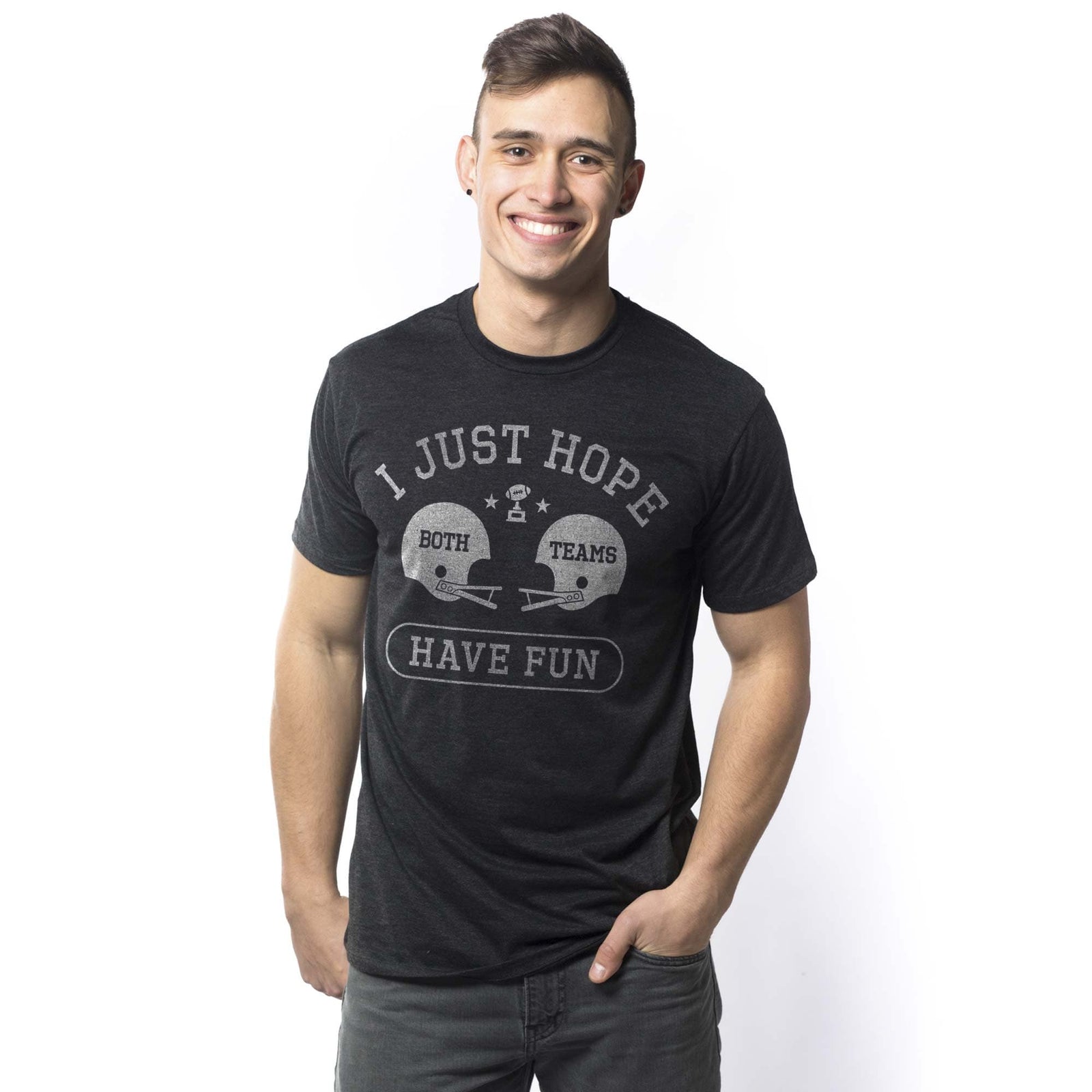 Men's I Just Hope Both Teams Have Fun Vintage Graphic T-Shirt | Funny Football Helmets Tee On Model | Solid Threads