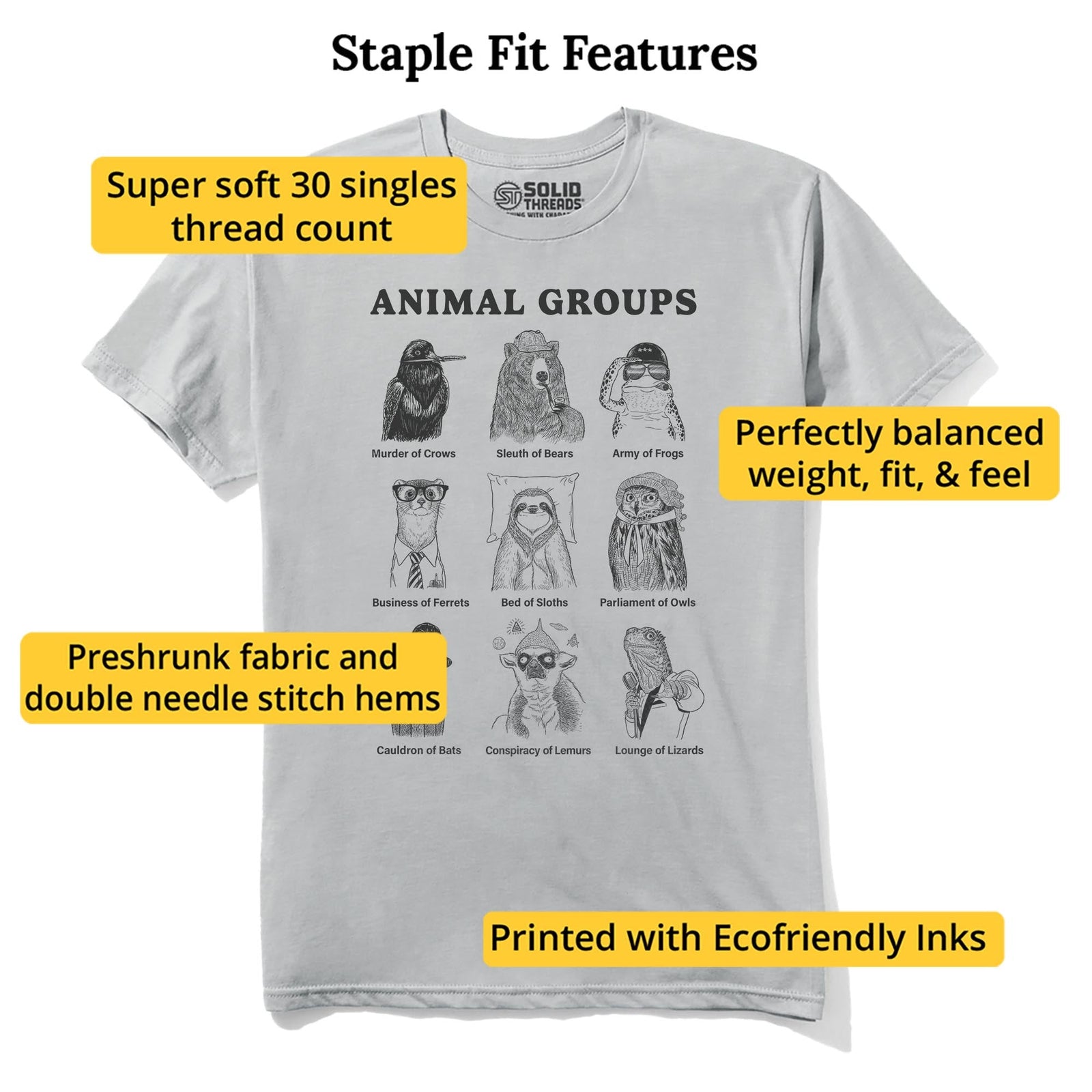 Animal Groups Funny Staple T-shirt in Silver - Fit Attributes