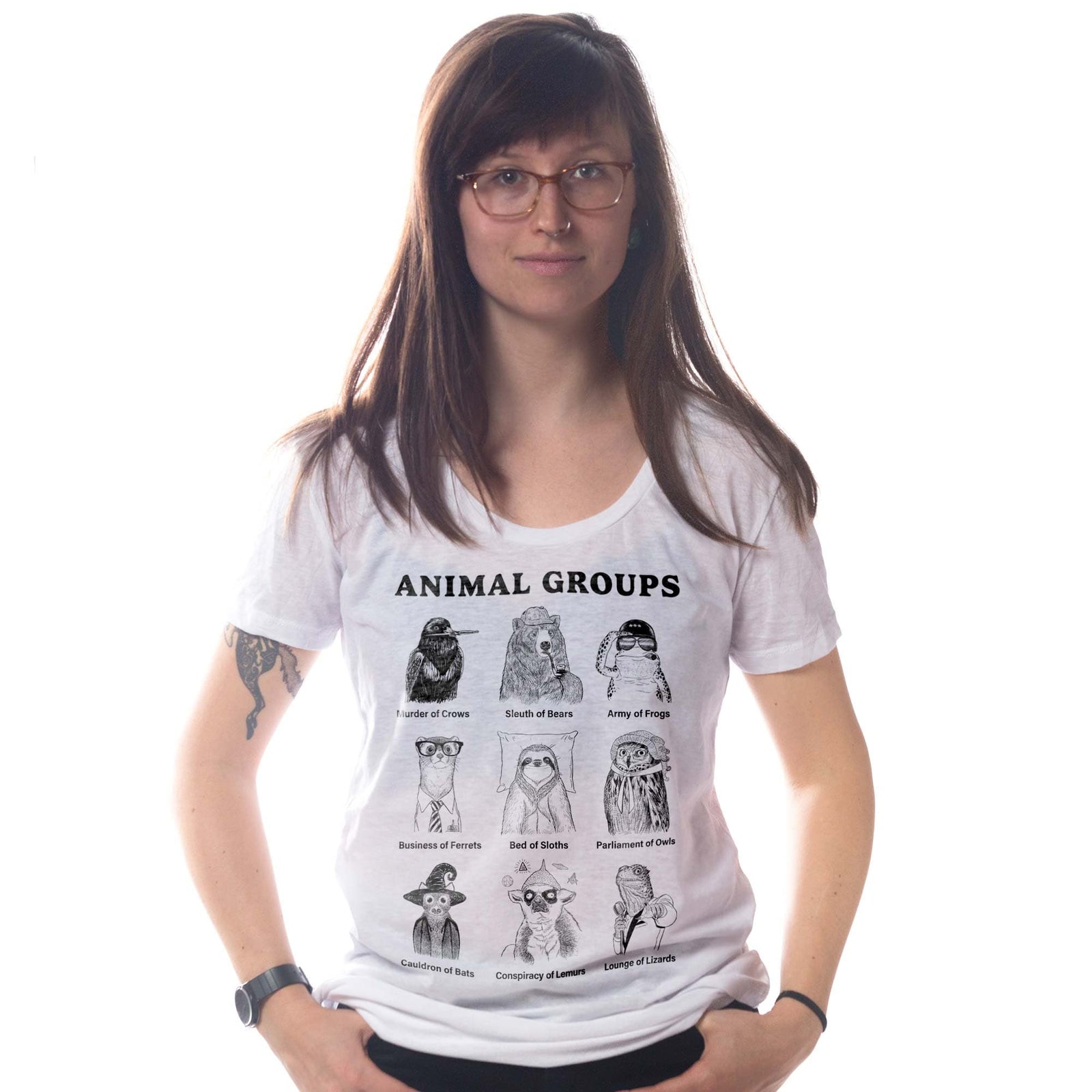 Women's Animal Groups Funny Nerdy Graphic T-Shirt | Cool Pun Names Tee On Model | Solid Threads