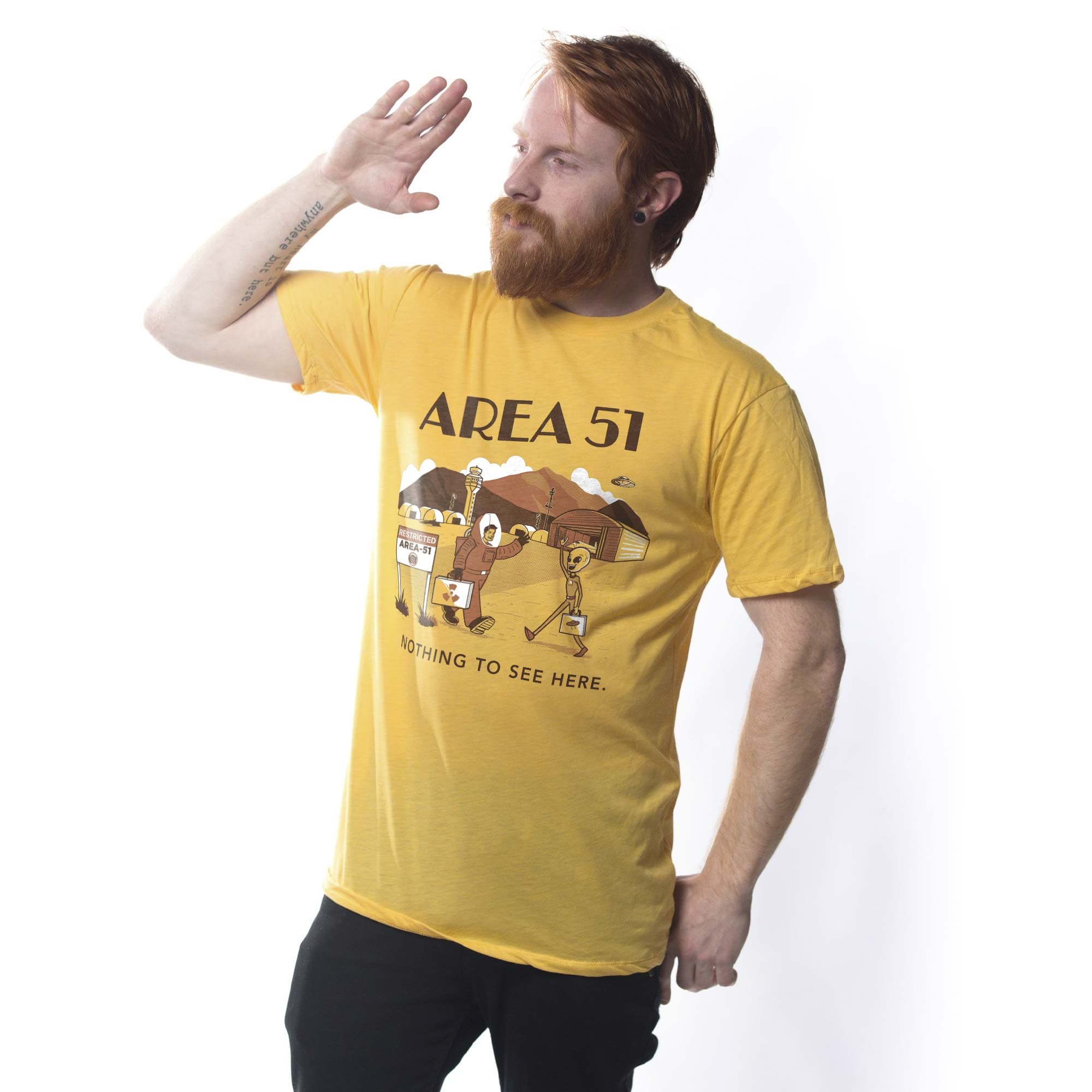 Men's Area 51 Funny Graphic T-Shirt | Vintage Alien Desert Tourist Tee On Model | Solid Threads