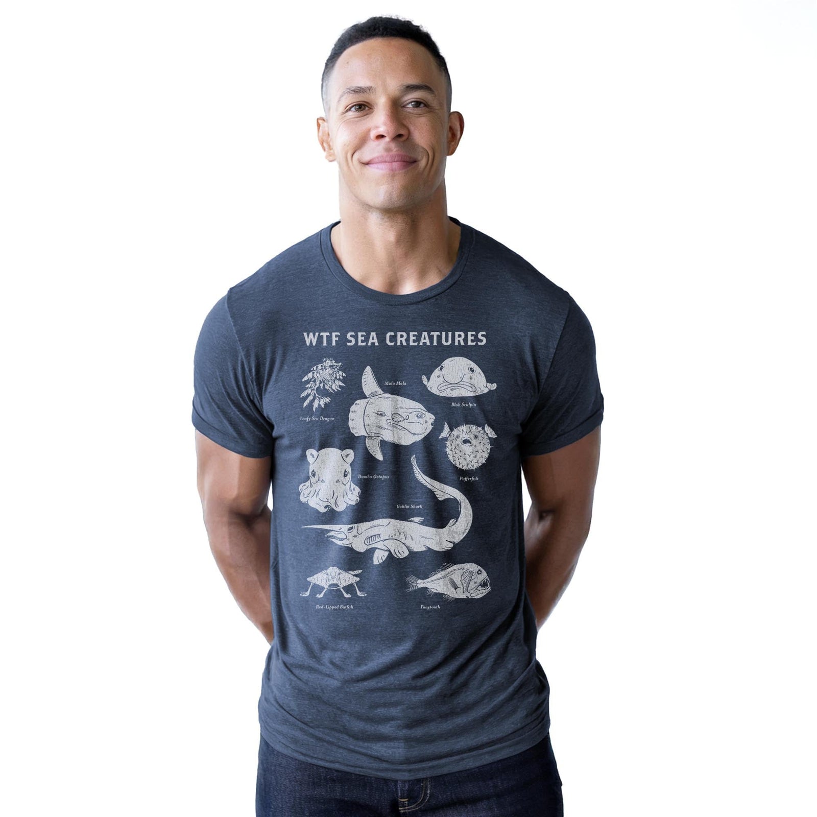 Wtf Sea Creatures Cool Staple T-shirt in Navy Heather On Model - Front View