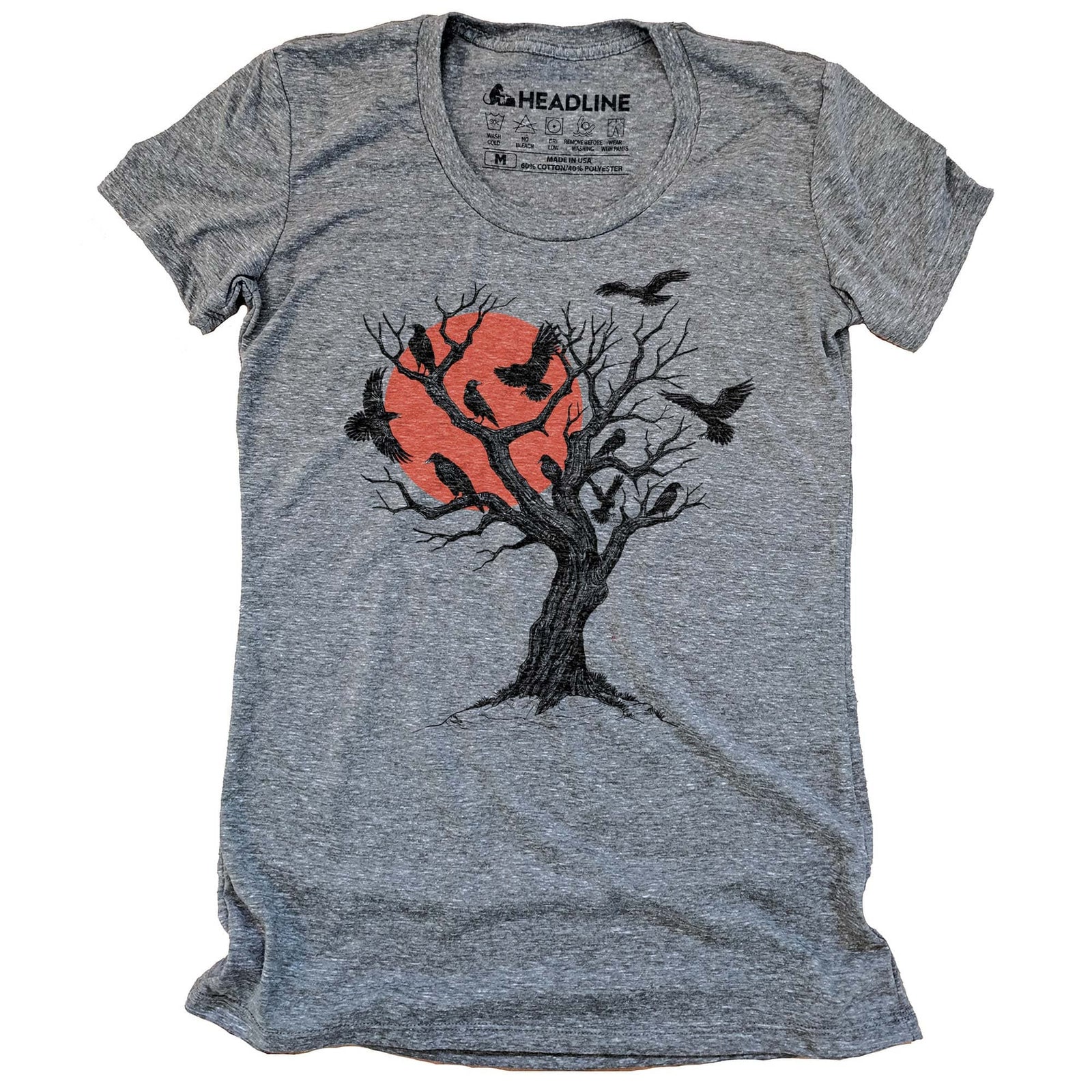 Women's Murder At Sunset Designer Spooky Graphic T-Shirt | Vintage Crows Tree Tee | Solid Threads