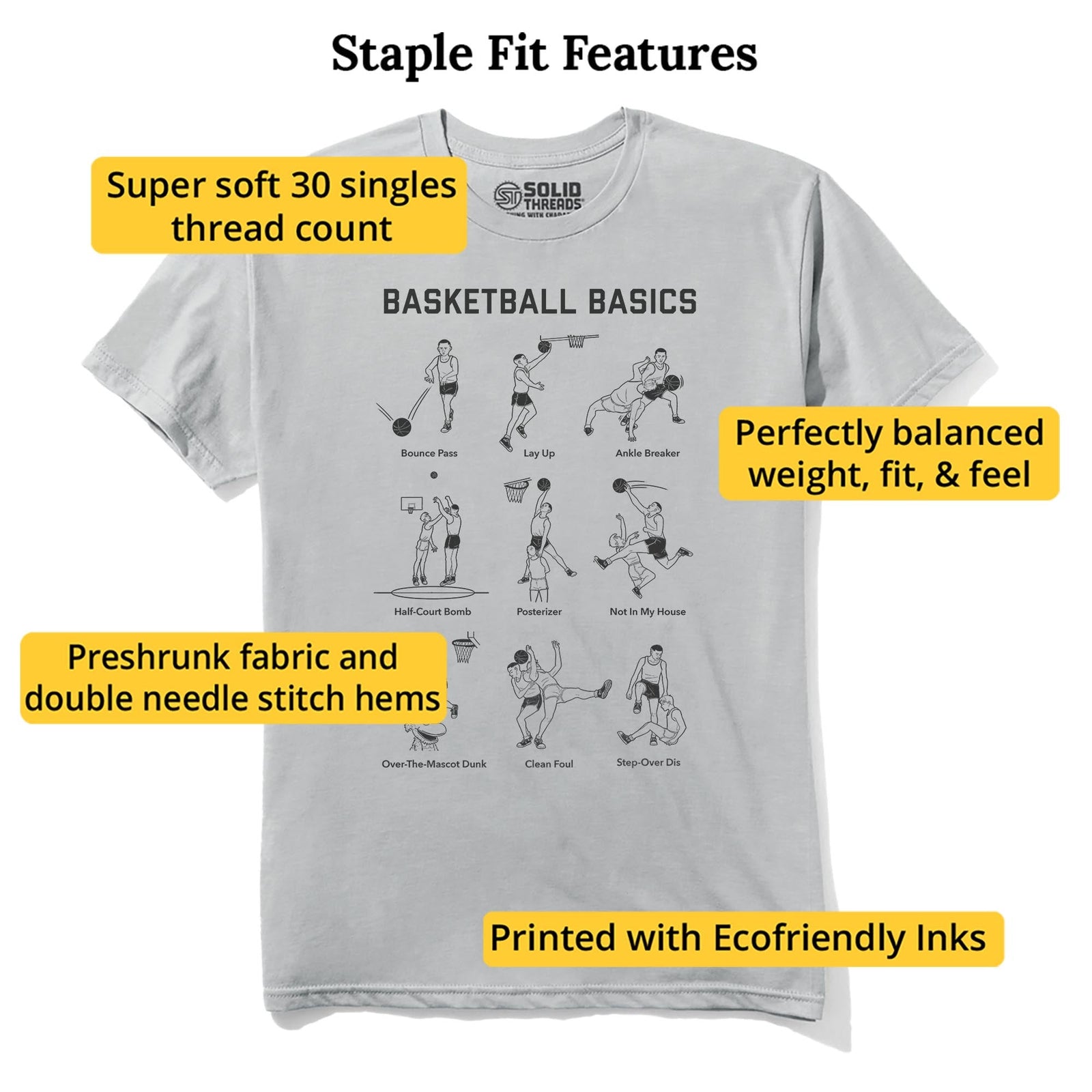 Basketball Basics Funny Staple T-shirt in Silver - Fit Attributes