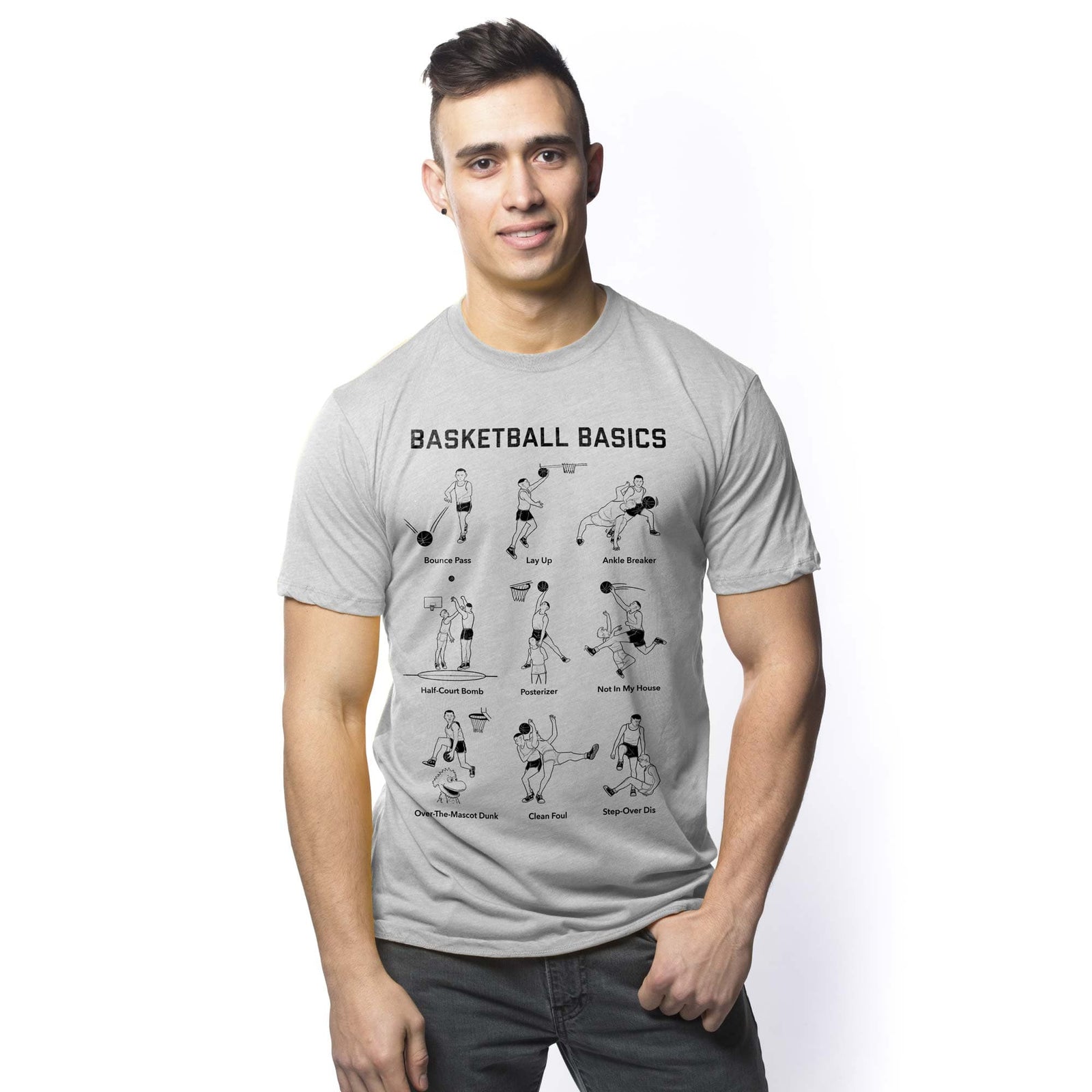 Men's Basketball Basics Funny Graphic T-Shirt | Cool Sports Parody Tee On Model | Solid Threads