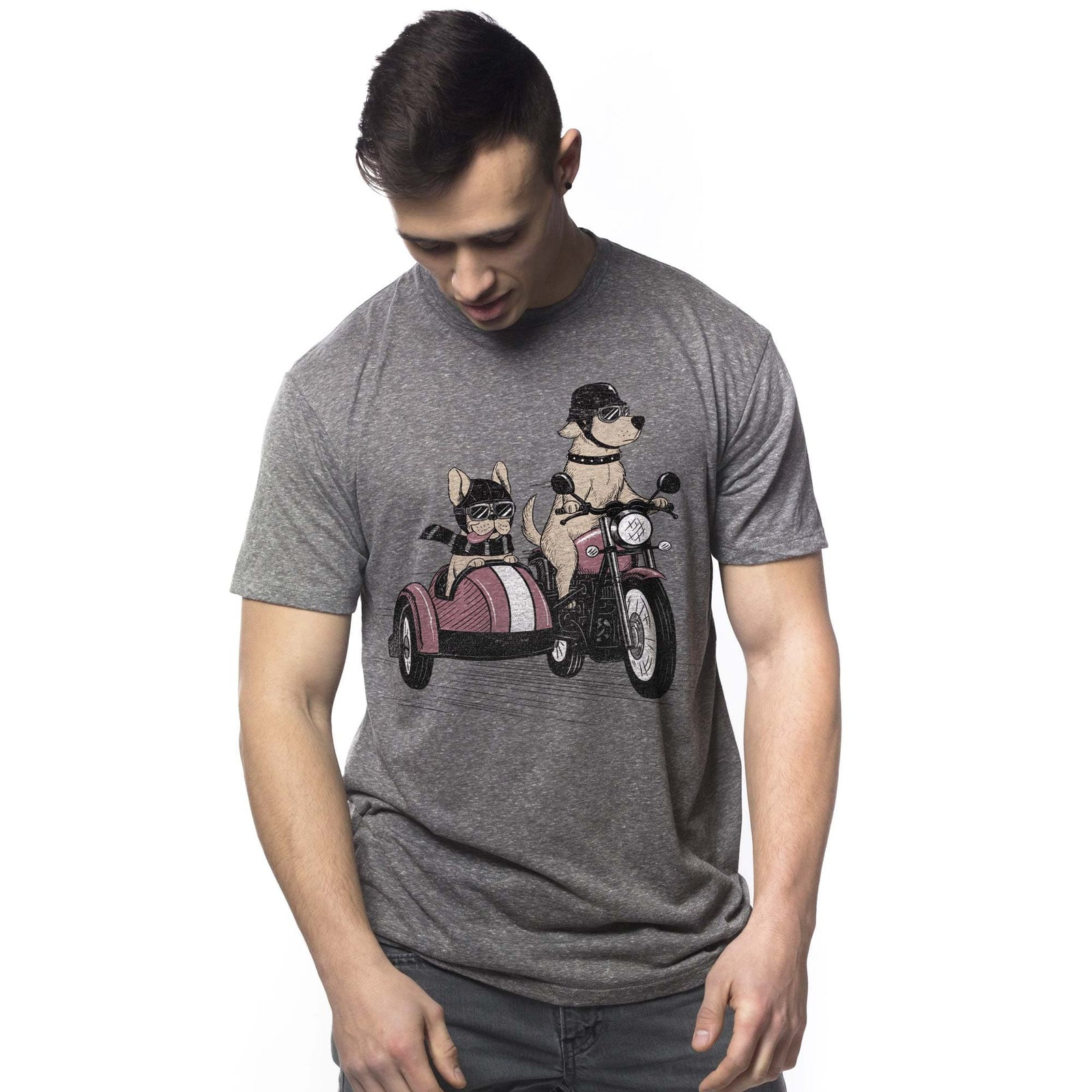 Men's Bred Wild Vintage Graphic T-Shirt | Funny Dogs Motorcycle Sidecar Tee On Model | Solid Threads