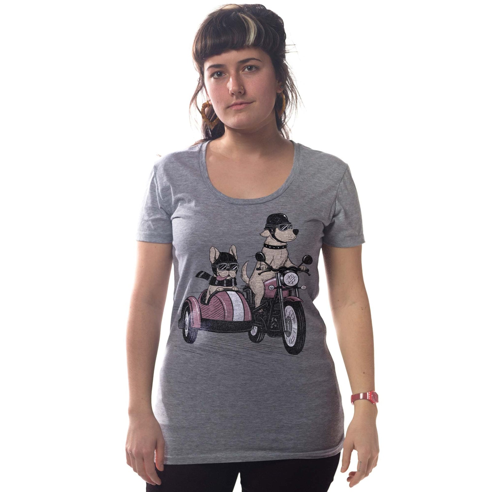 Women's Bred Wild Vintage Graphic T-Shirt | Funny Dogs Motorcycle Sidecar Tee On Model | Solid Threads