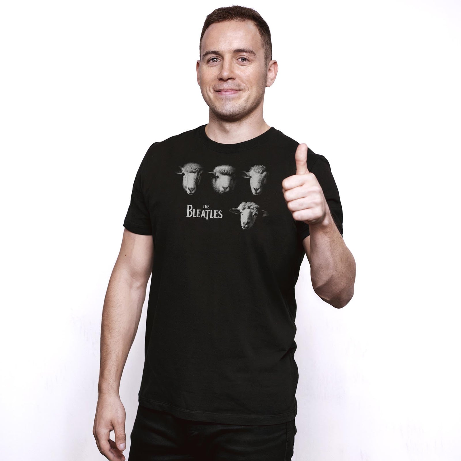 The Bleatles Funny Staple T-shirt in Black On Model - Front View