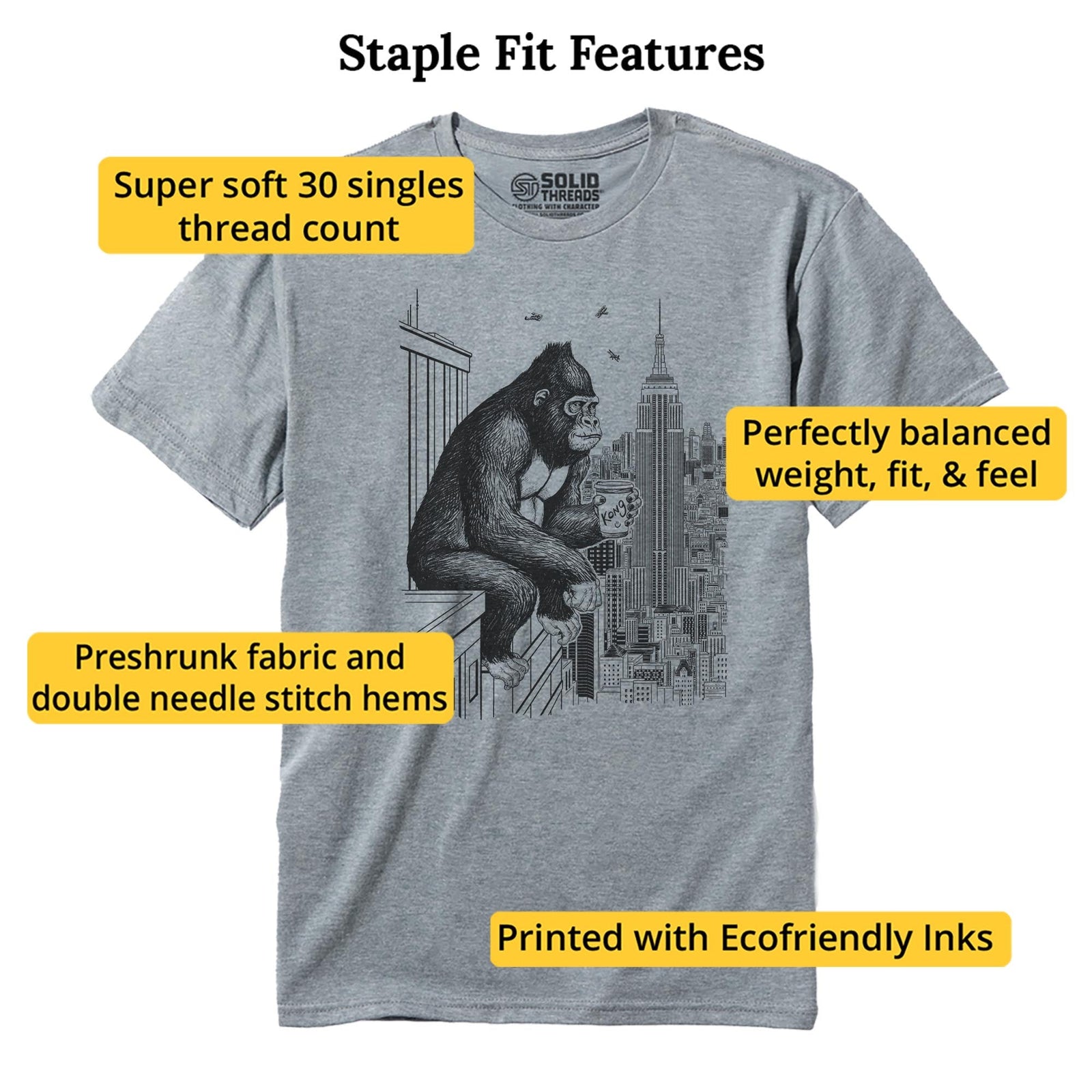 King Coffee Break Funny Staple T-shirt in Ash Heather - Fit Attributes