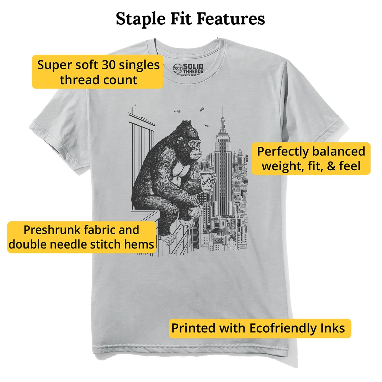 King Coffee Break Funny Staple T-shirt in Silver - Fit Attributes