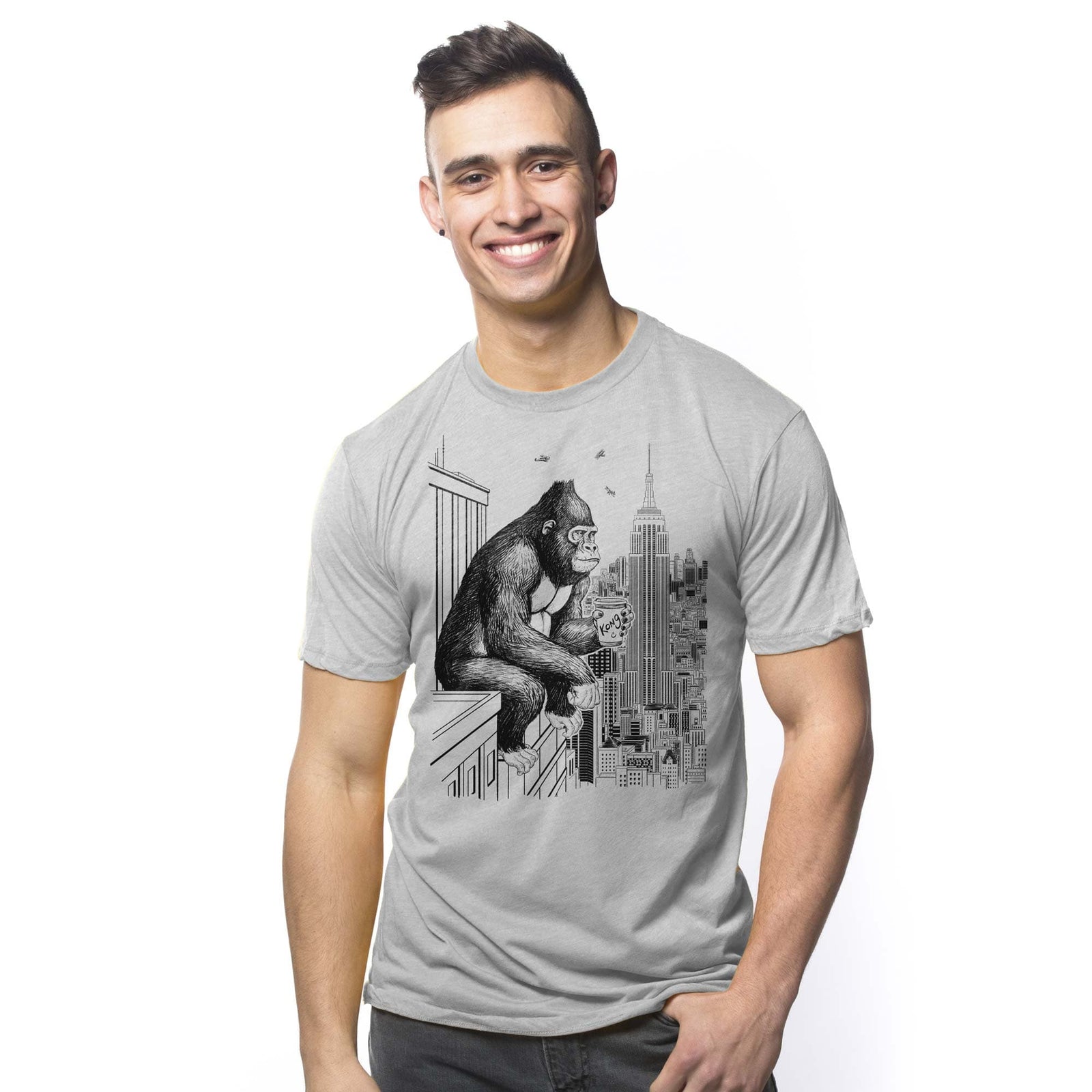 Men's King Coffee Break Funny Graphic T-Shirt | Cool New York Kong Tee On Model | Solid Threads