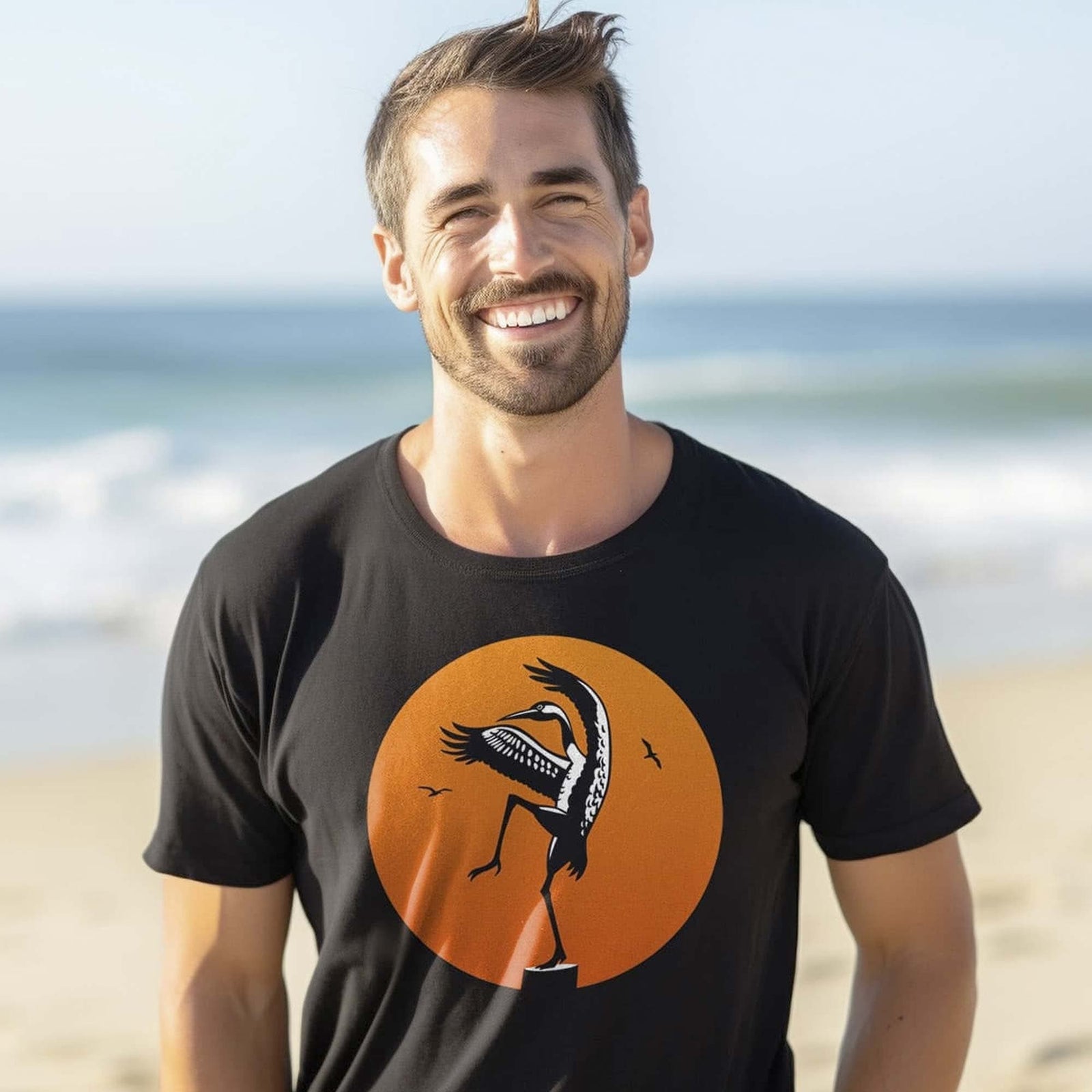 Men's Crane Kick Designer Graphic T-Shirt | Funny Karate Beach Bird Tee On Model | Solid Threads