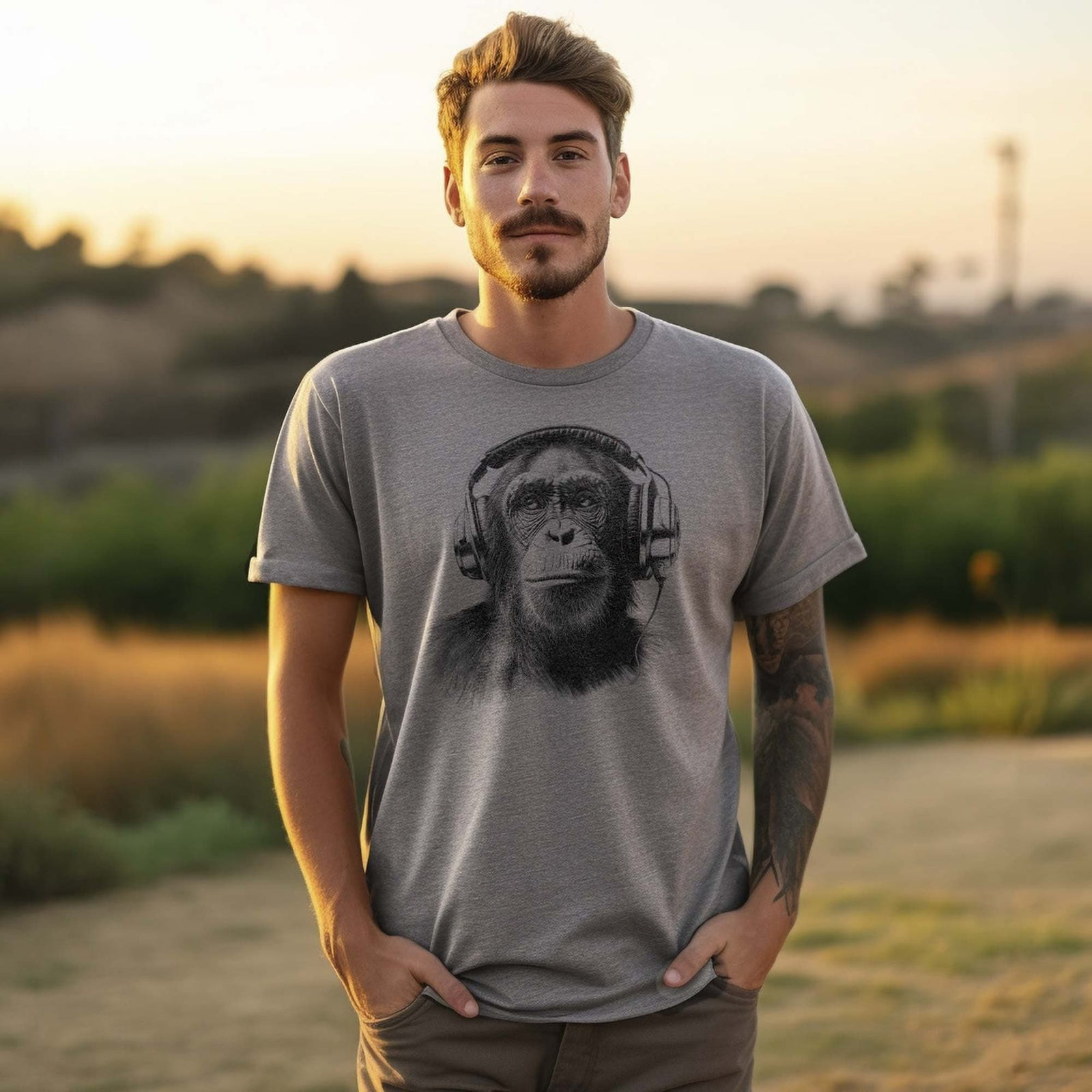 Men's Jungle Jams Retro Musician Graphic T-Shirt | Vintage Chimp Headphones Tee | Solid Threads