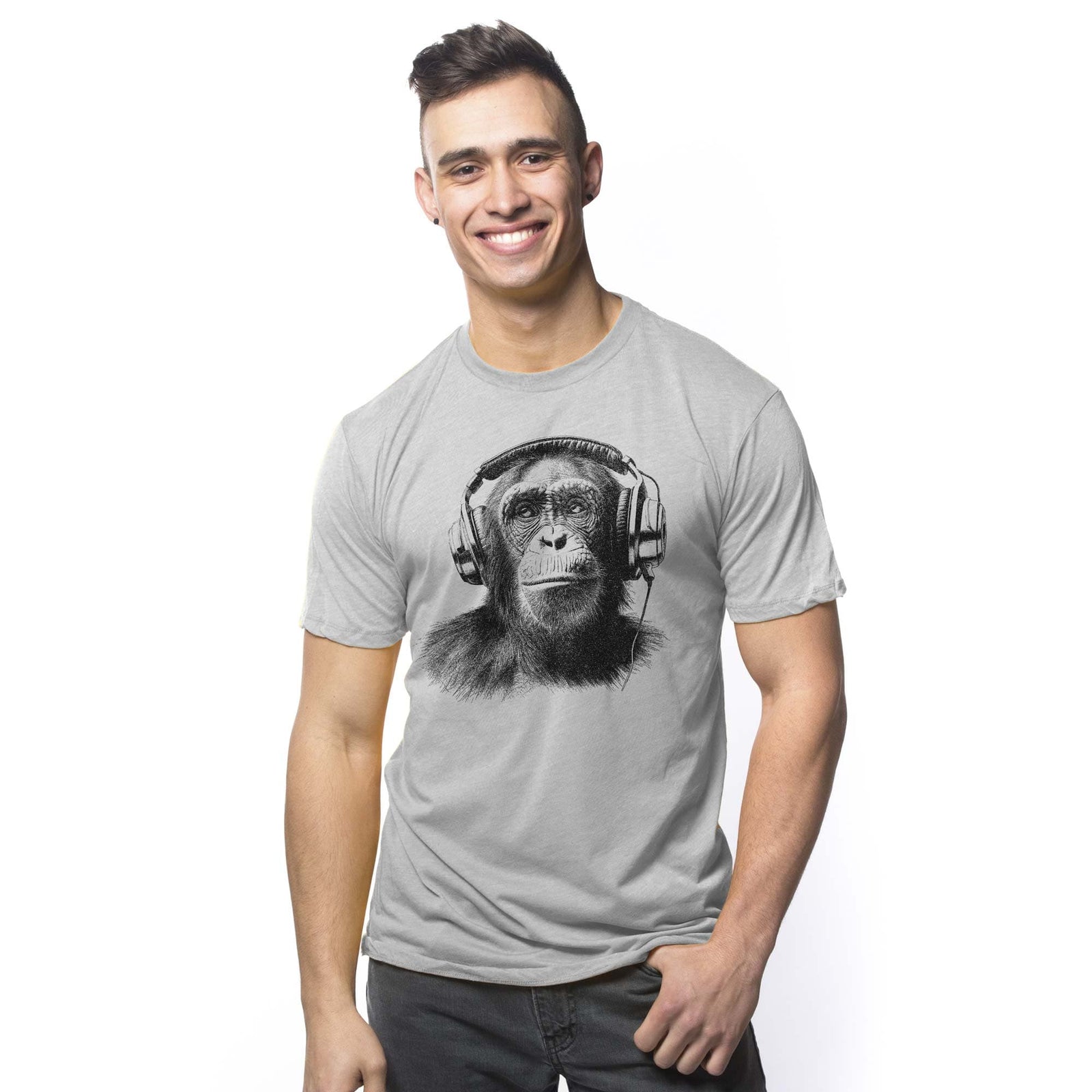 Men's Jungle Jams Cool Artsy Graphic T-Shirt | Vintage Chimp Headphones Tee On Model | Solid Threads