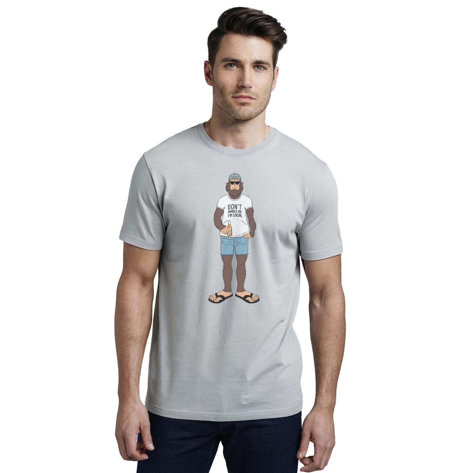 Chillfoot Funny Staple T-shirt in Silver On Model - Front View