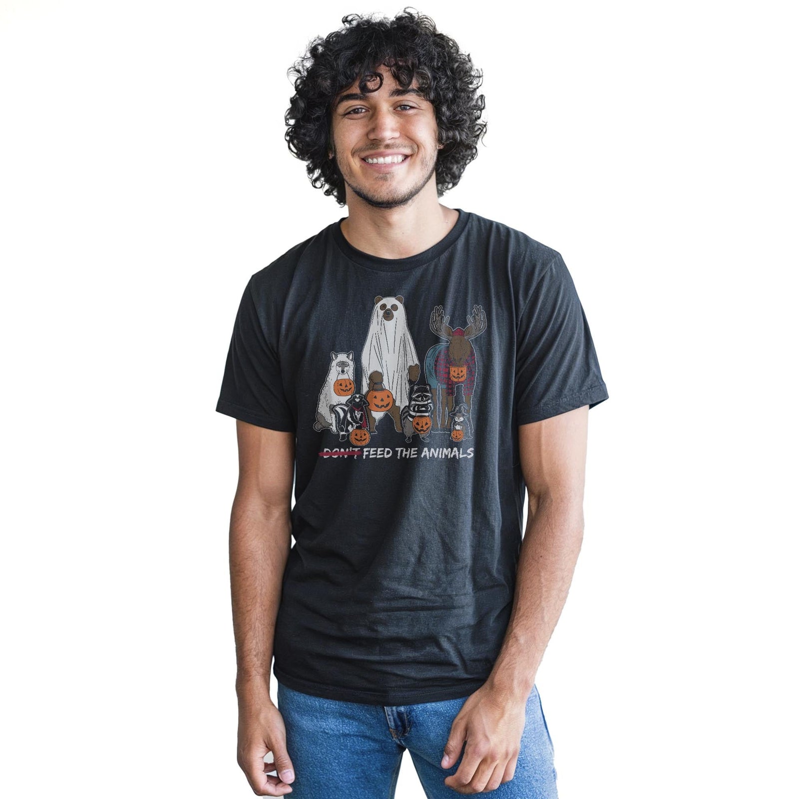 Feed The Animals Funny Staple T-shirt in Black On Model - Front View