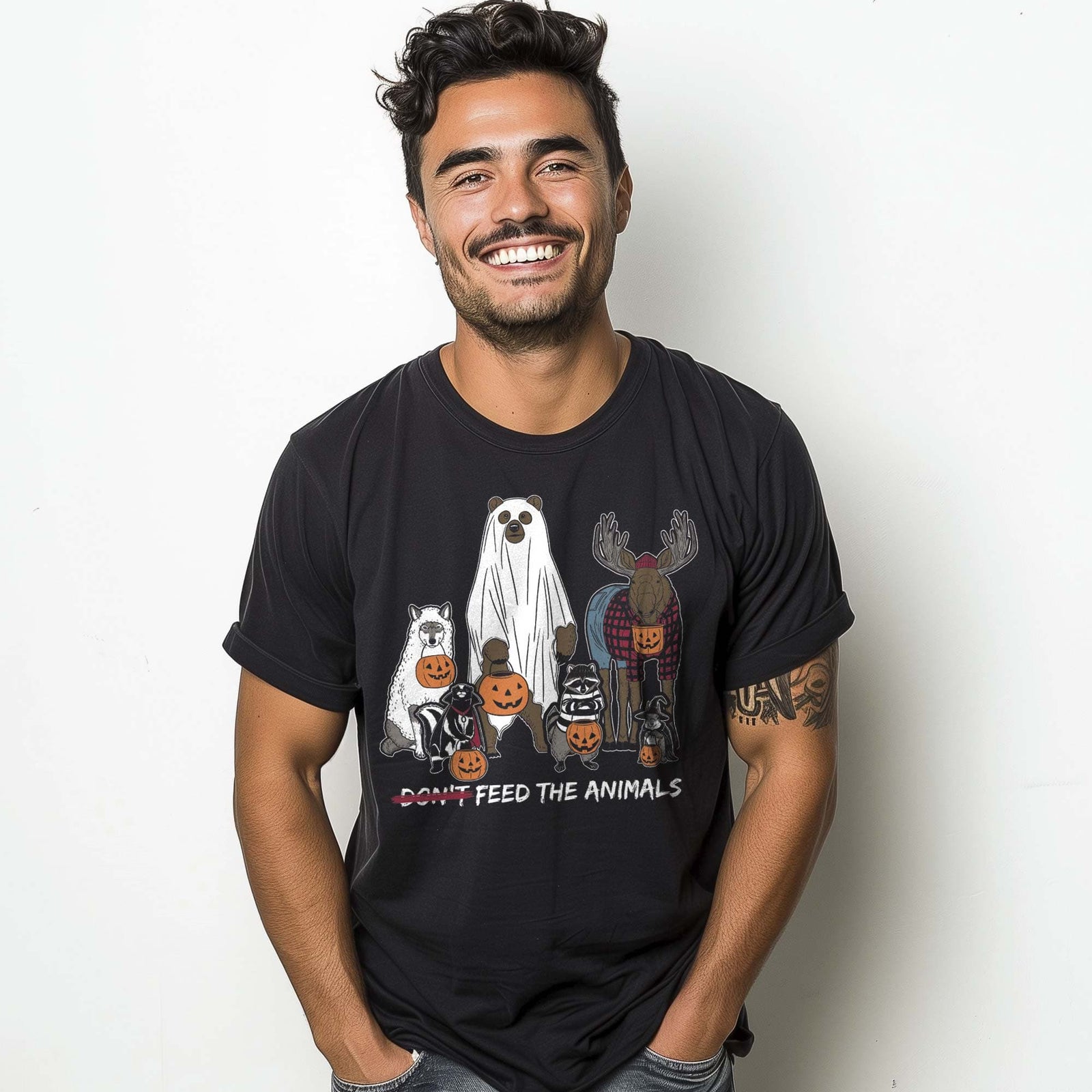 Feed The Animals Funny Graphic T-Shirt | Cool Cute Halloween Tee On Model | Solid Threads