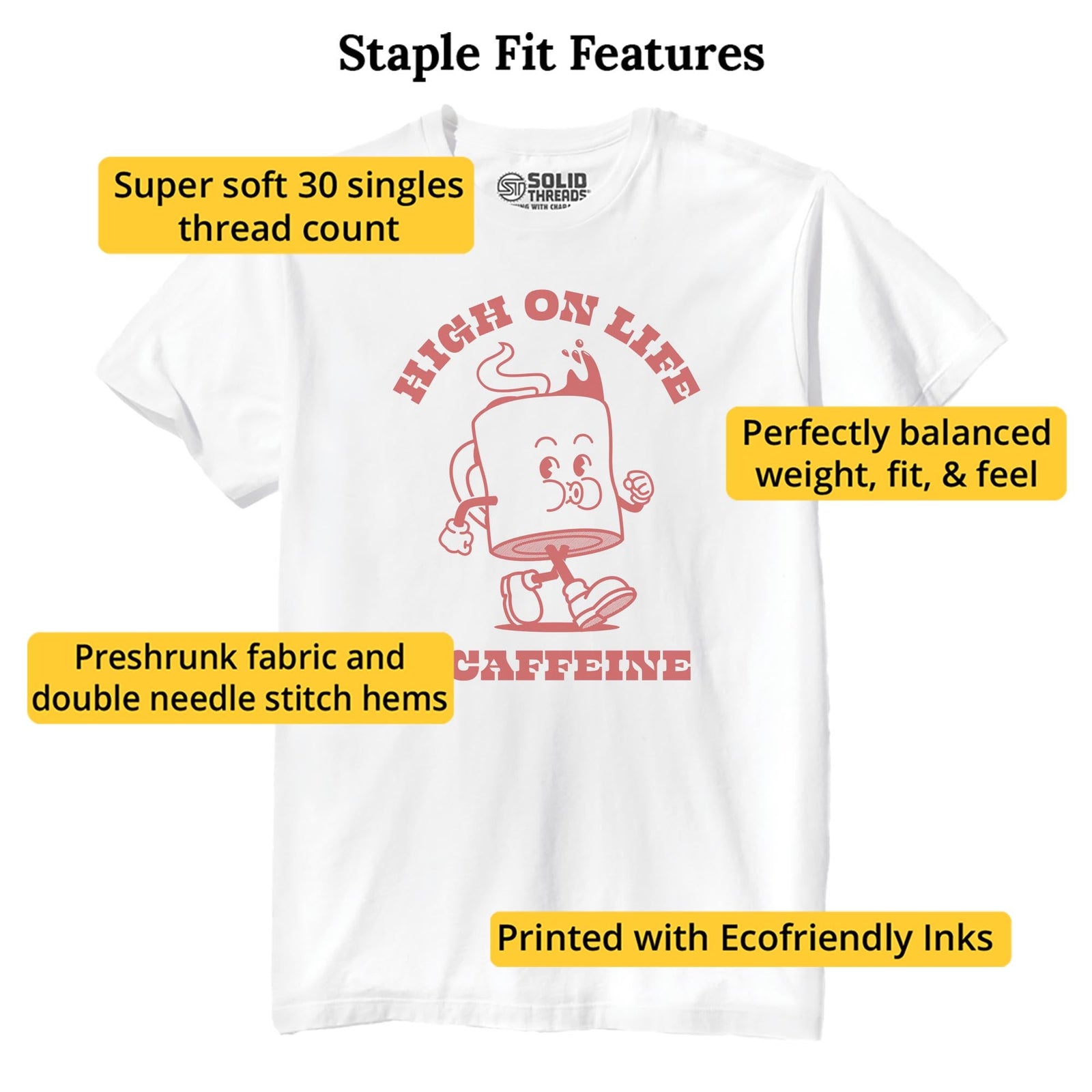 High On Life & Caffeine Funny Staple T-shirt in White - Fit Attributes