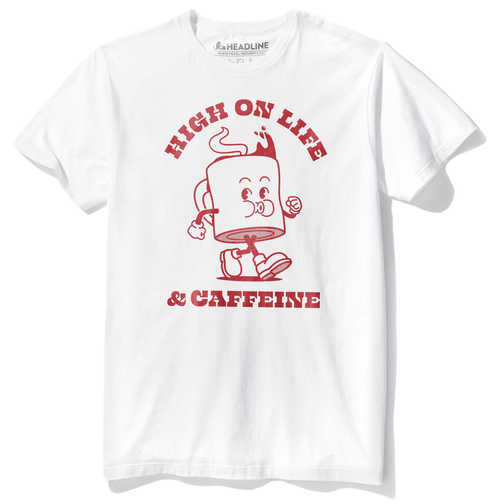 Men's High On Life & Caffeine Funny Graphic T-Shirt | Cool Coffee Mug Whistling Tee | Solid Threads