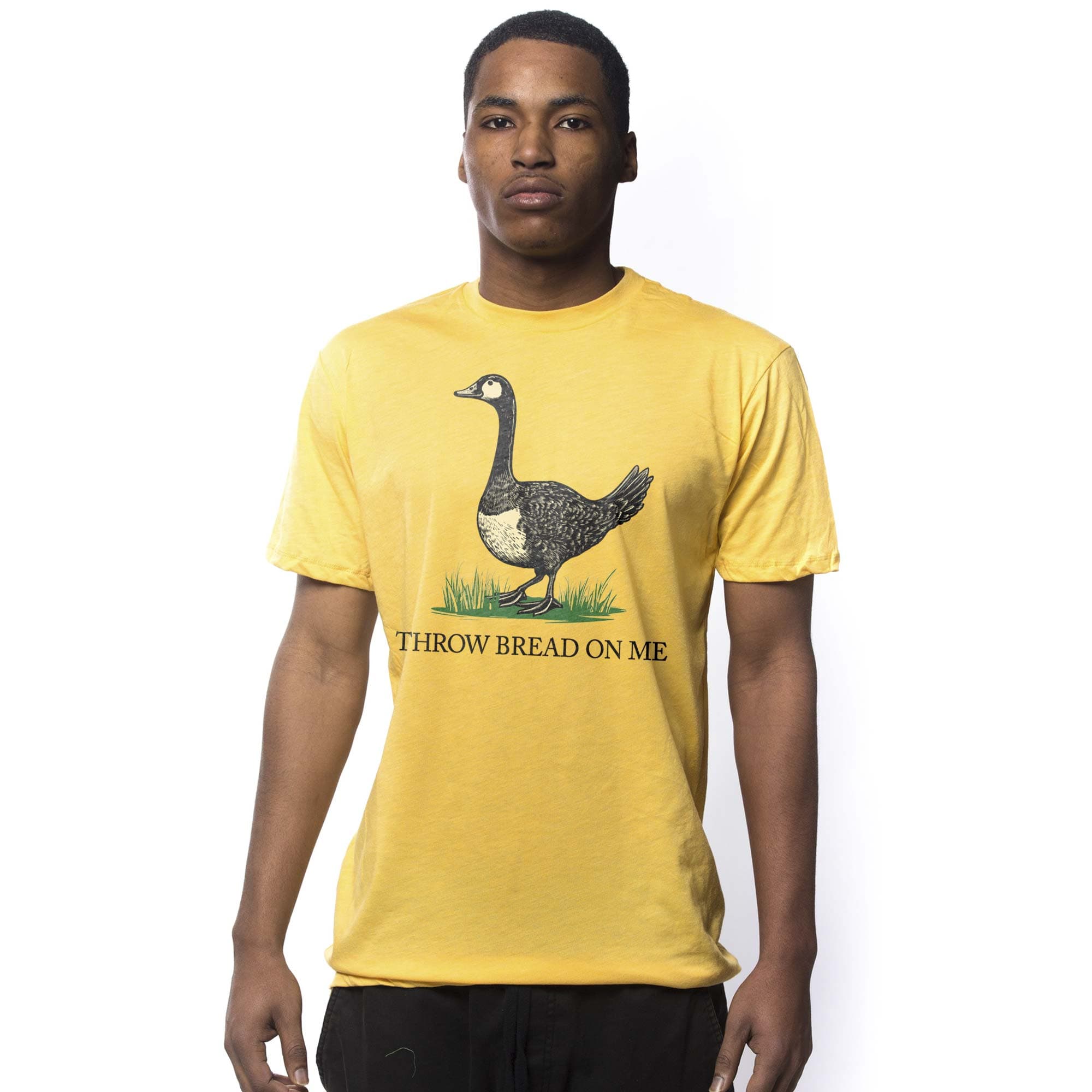 Men's Throw Bread On Me Cool Graphic T-Shirt | Funny Goose Tread on Me Tee on Model | Solid Threads