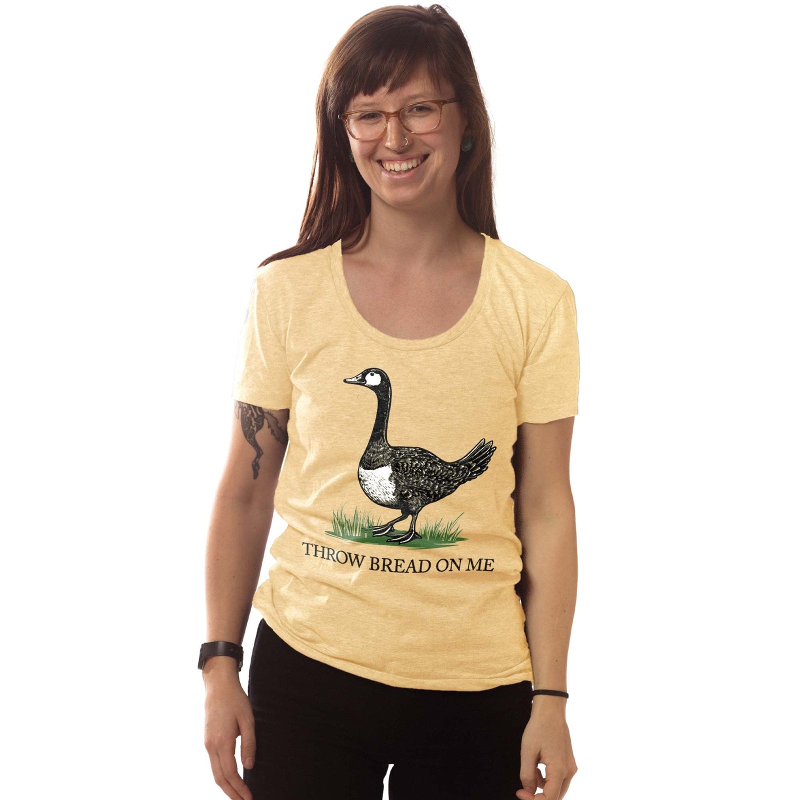 Women's Throw Bread On Me Cool Graphic T-Shirt | Funny Goose Tread on Me Tee on Model | Solid Threads