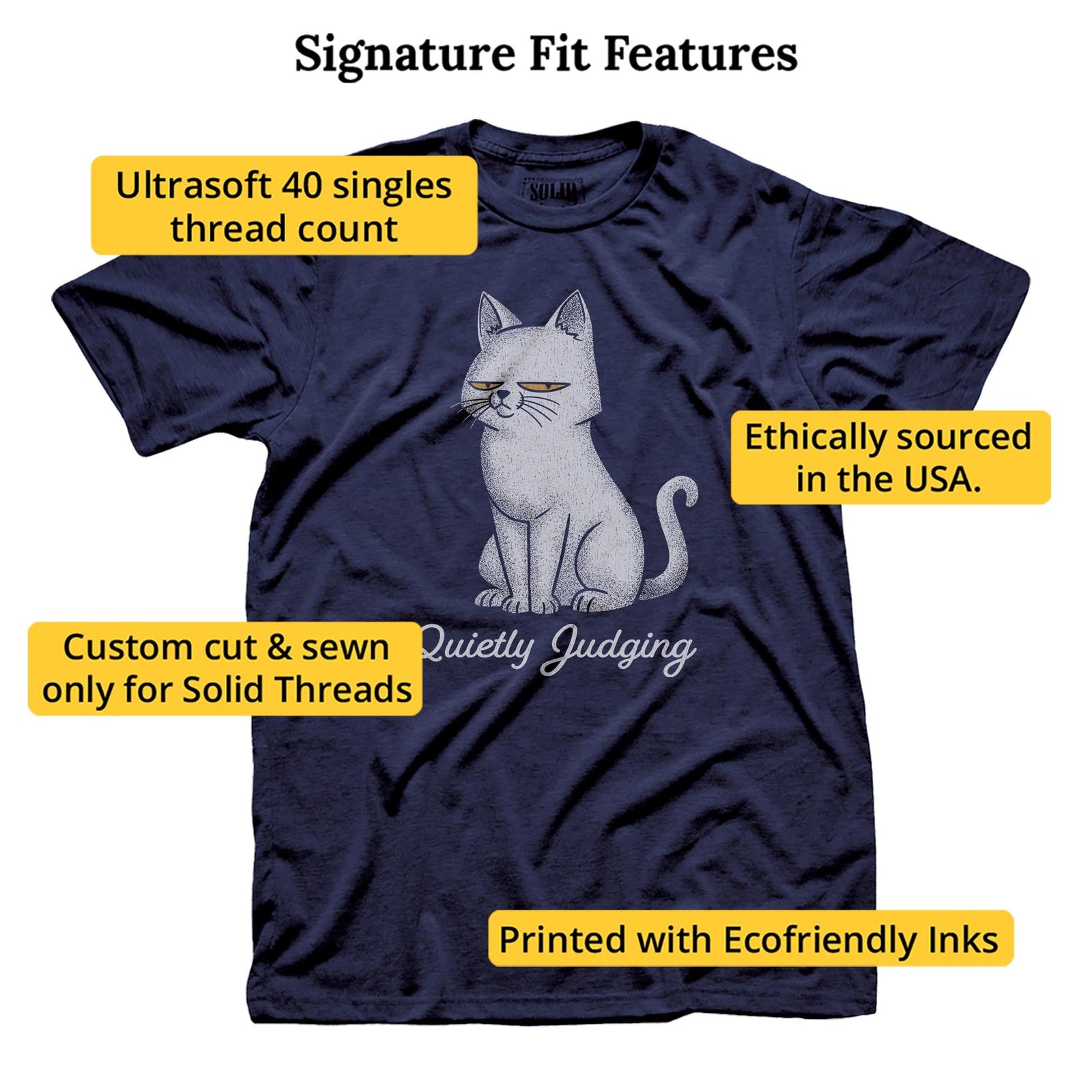 Quietly Judging Cat Funny Signature T-shirt in Navy - Fit Attributes