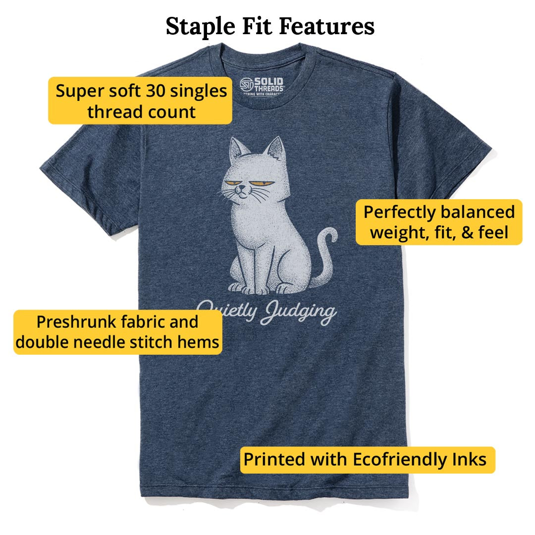 Quietly Judging Cat Funny Staple T-shirt in Navy Heather - Fit Attributes
