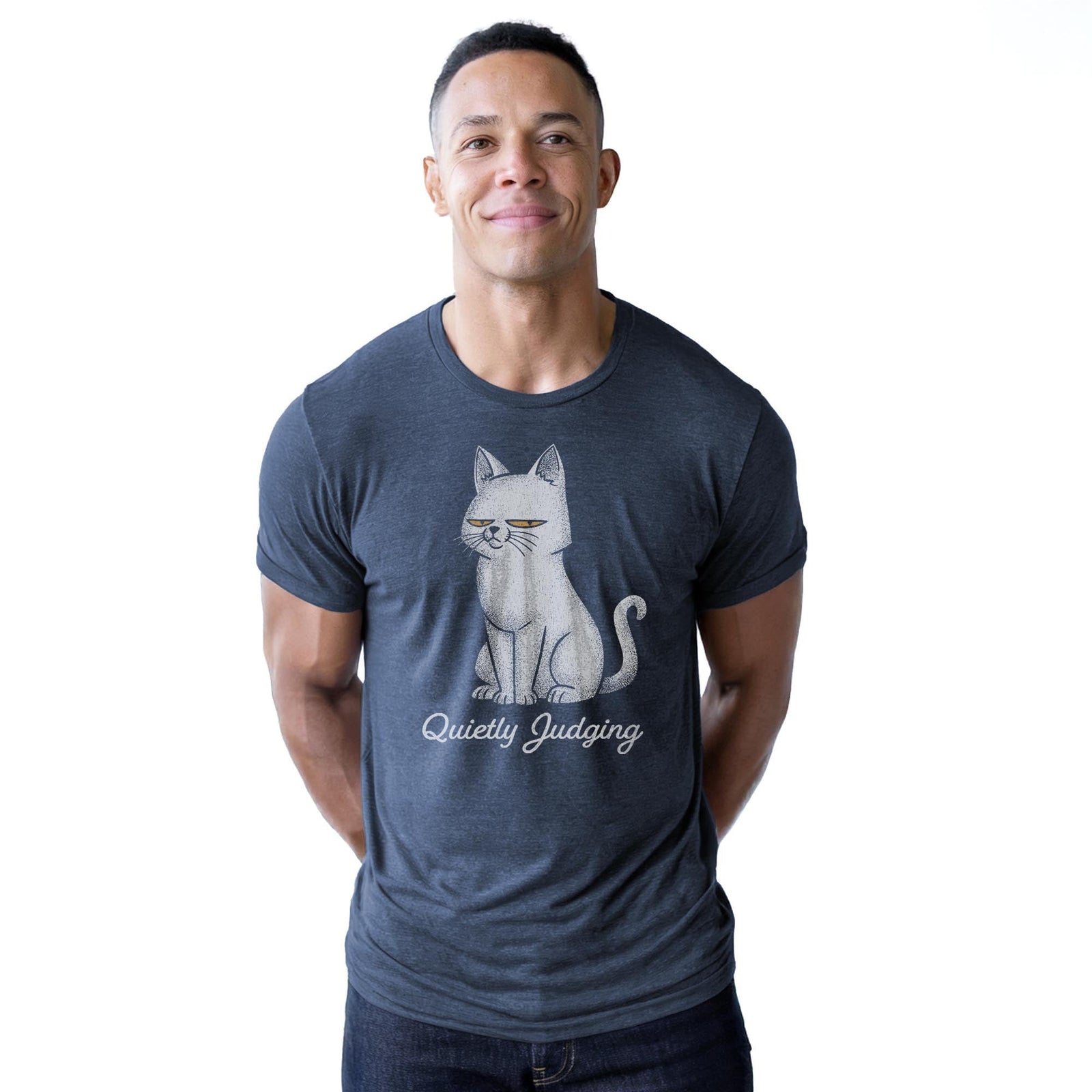 Quietly Judging Cat Funny Staple T-shirt in Navy Heather On Model - Front View