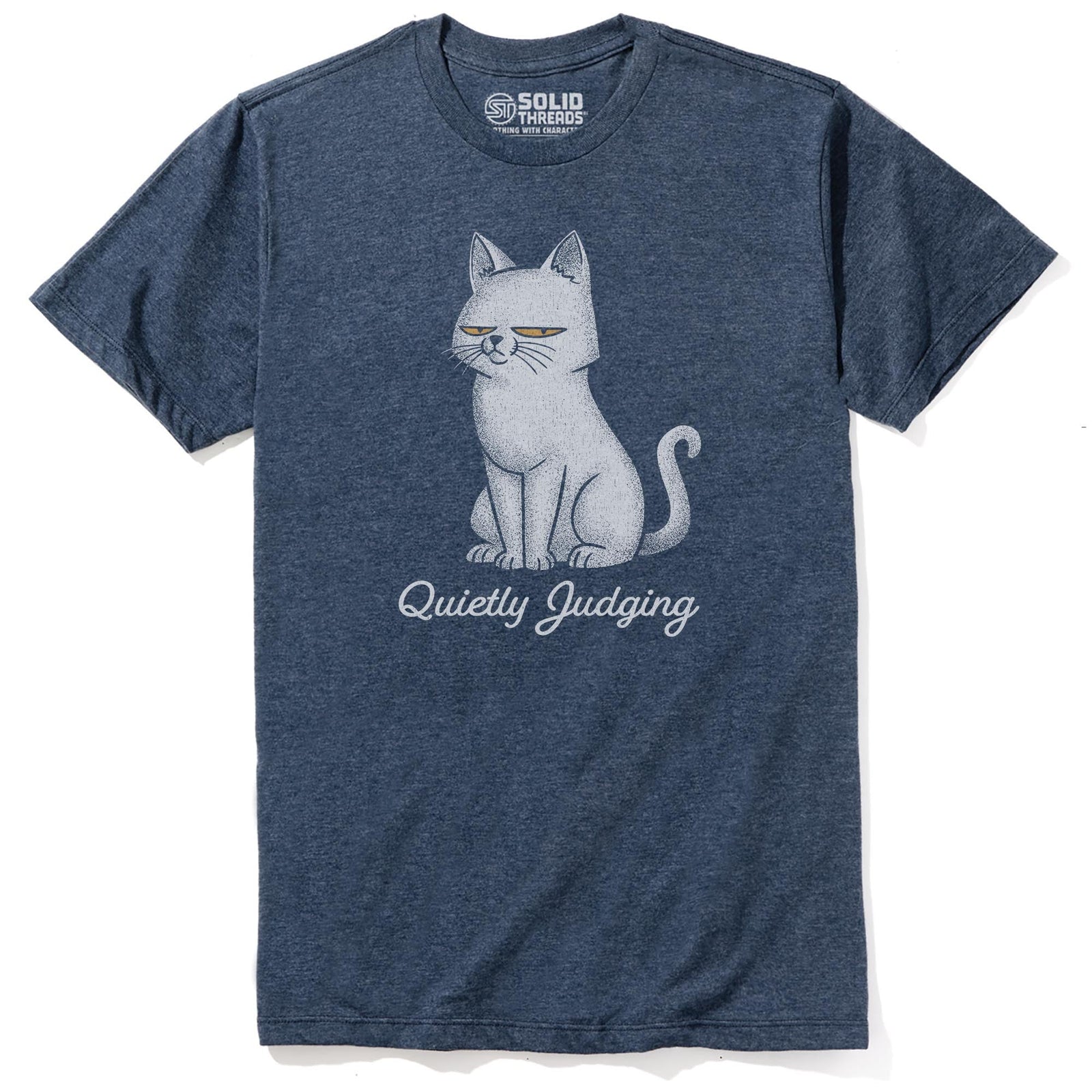 Quietly Judging Cat Funny Staple T-shirt in Navy Heather - Front View