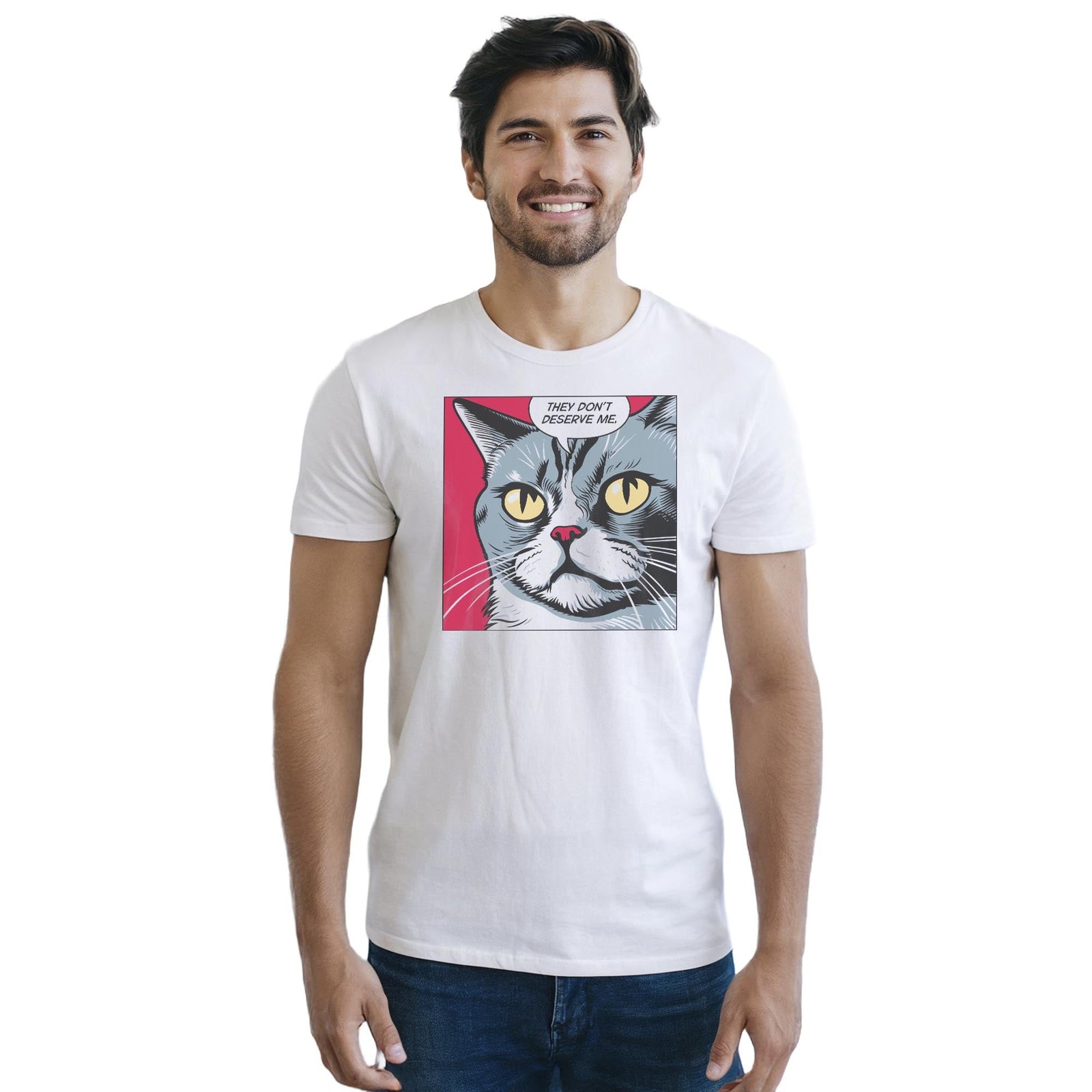 Narcissistic Cat Designer Staple T-shirt in White On Model - Front View