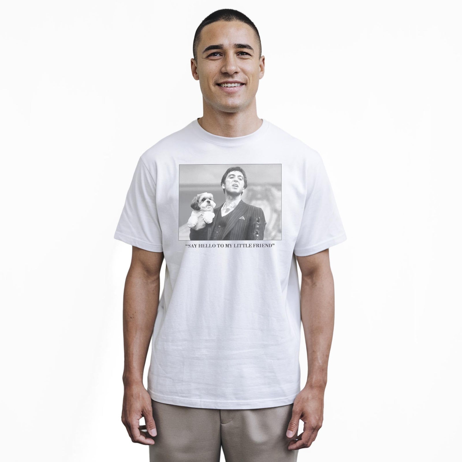 Say Hello To My Little Friend Funny Staple T-shirt in White On Model - Front View