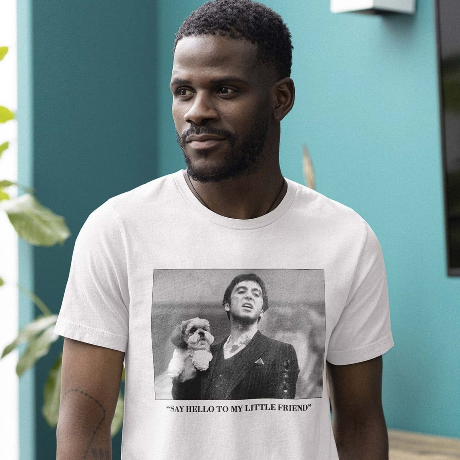 Men's Say Hello My Little Friend Funny Graphic T-Shirt | Cool Pacino Tee On Model | Solid Threads
