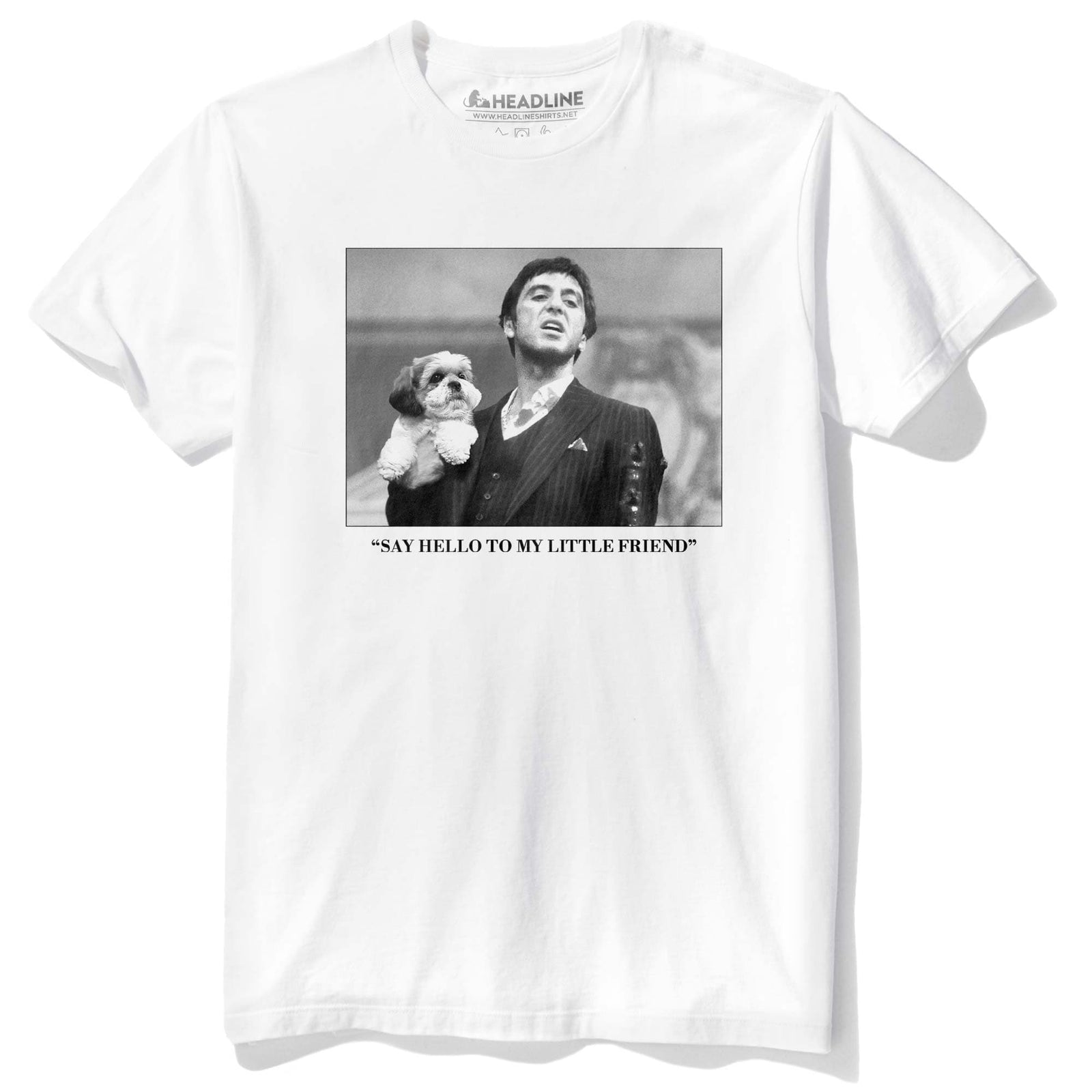 Men's Say Hello To My Little Friend Funny Graphic T-Shirt | Cool Pacino Dog Gun Tee | Solid Threads