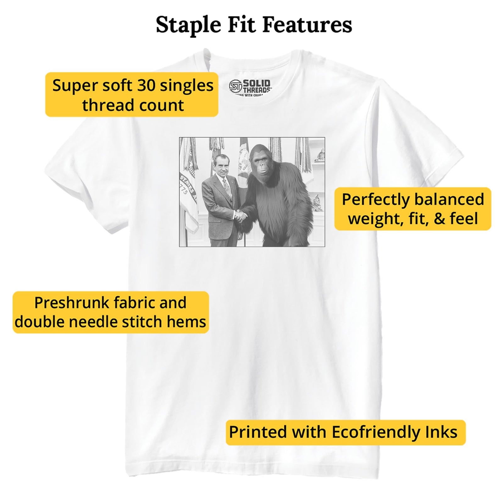 Nixon Meets Bigfoot Funny Staple T-shirt in White - Fit Attributes
