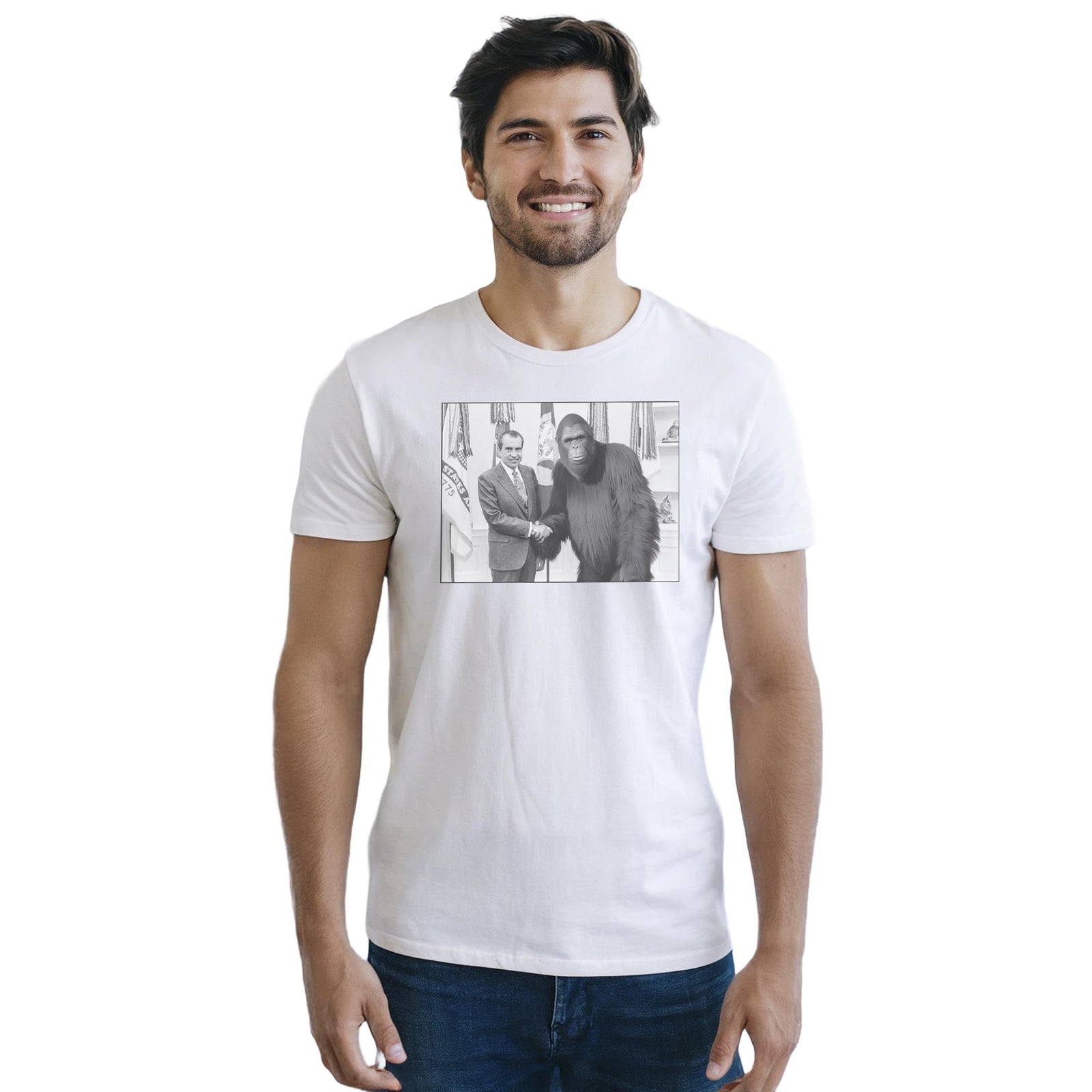 Nixon Meets Bigfoot Funny Staple T-shirt in White On Model - Front View