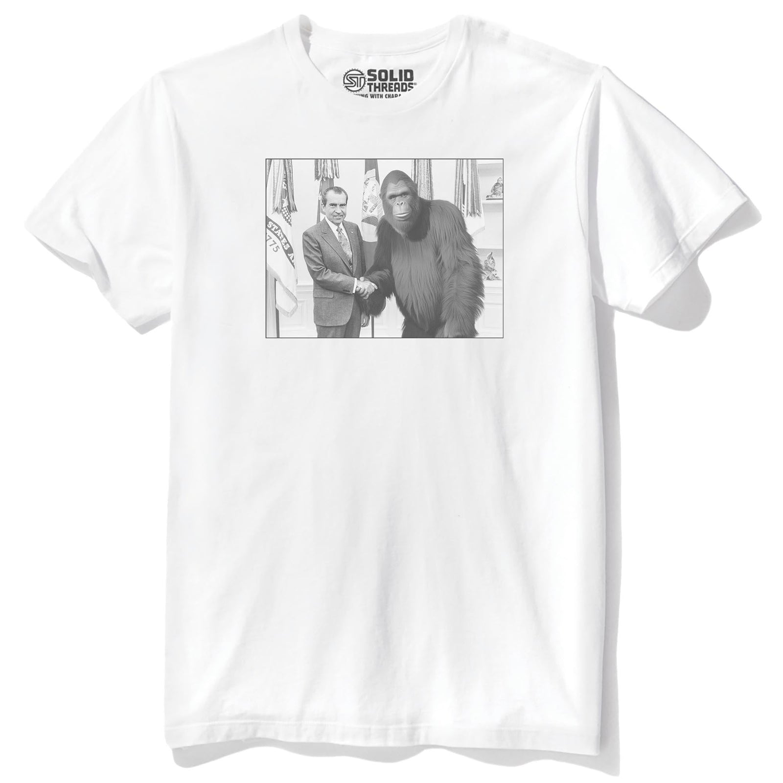 Nixon Meets Bigfoot Funny Staple T-shirt in White - Front View