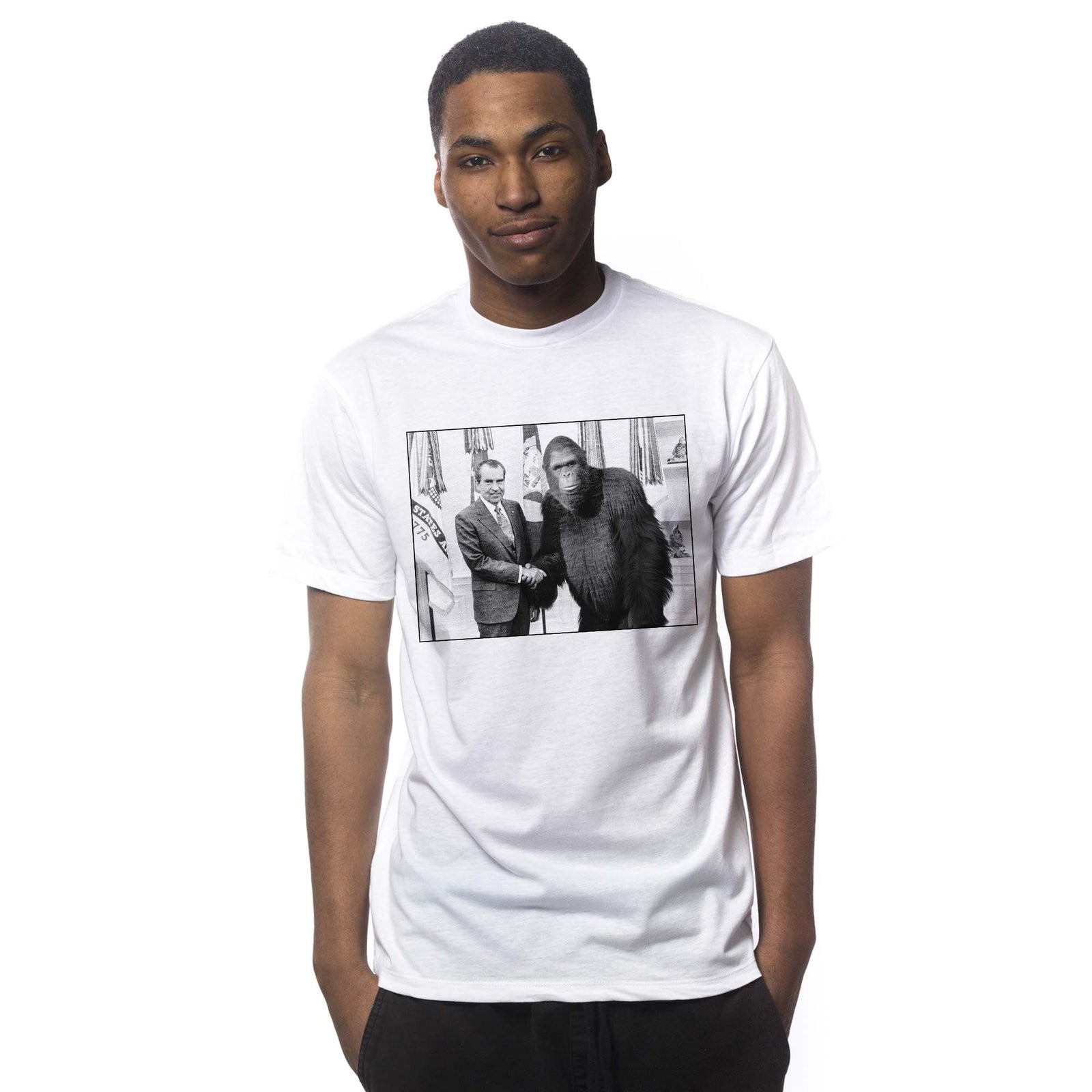 Men's Nixon Meets Bigfoot Funny Graphic T-Shirt | Cool History Sasquatch Tee On Model | Solid Threads