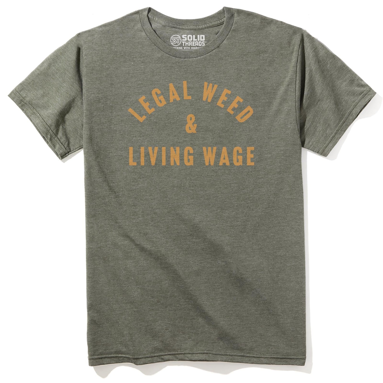 Legal Weed & Living Wage Cool Staple T-shirt in Olive Heather - Front View