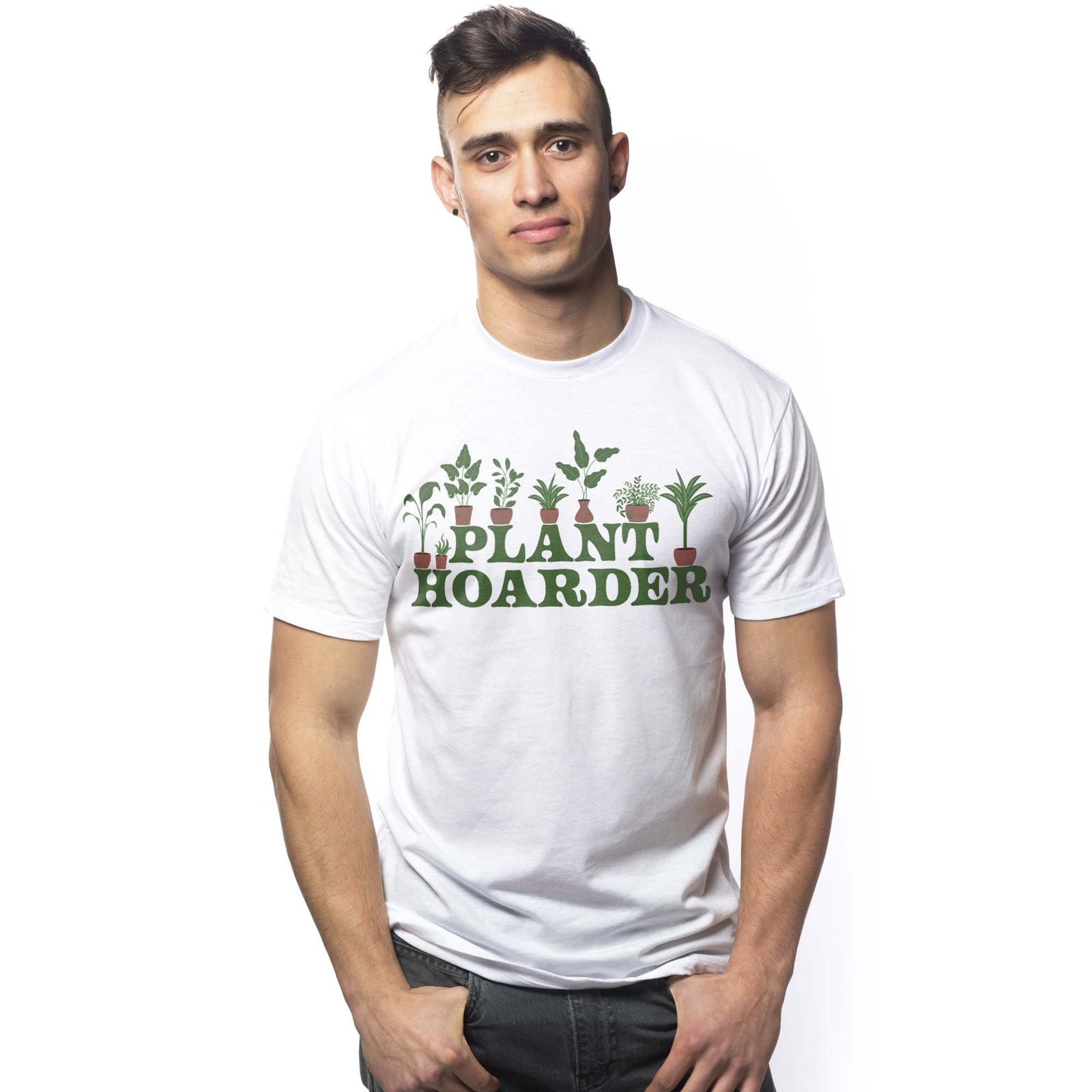 Men's Plant Hoarder Funny Graphic T-Shirt | Designer Gardening Succulents Tee On Model | Solid Threads