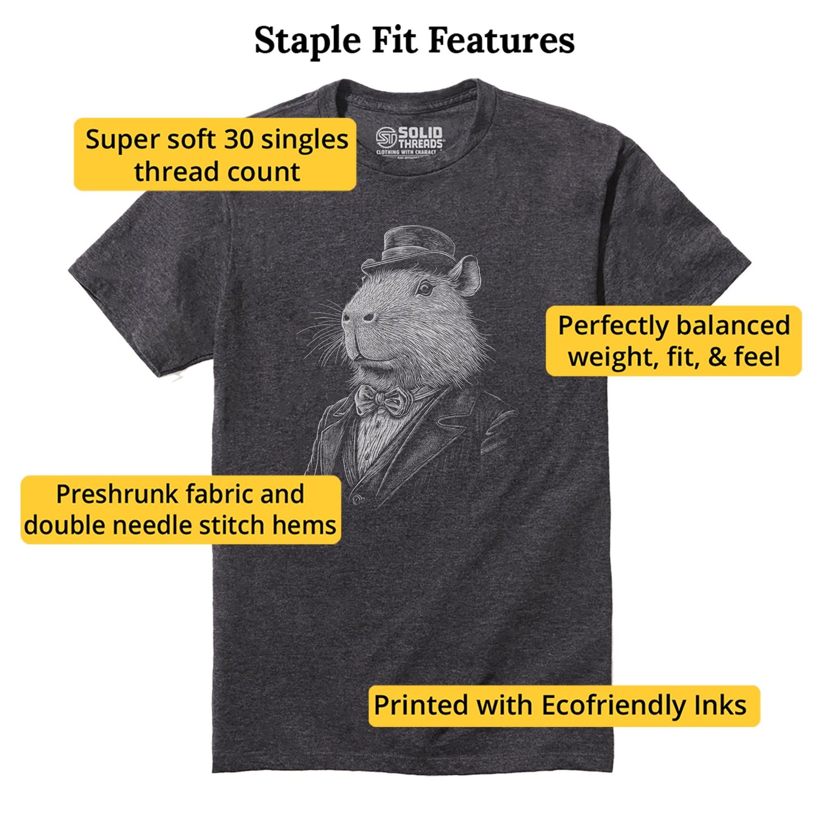 Gentleman Capybara Funny Staple T-shirt in Charcoal Heather - Fit Attributes