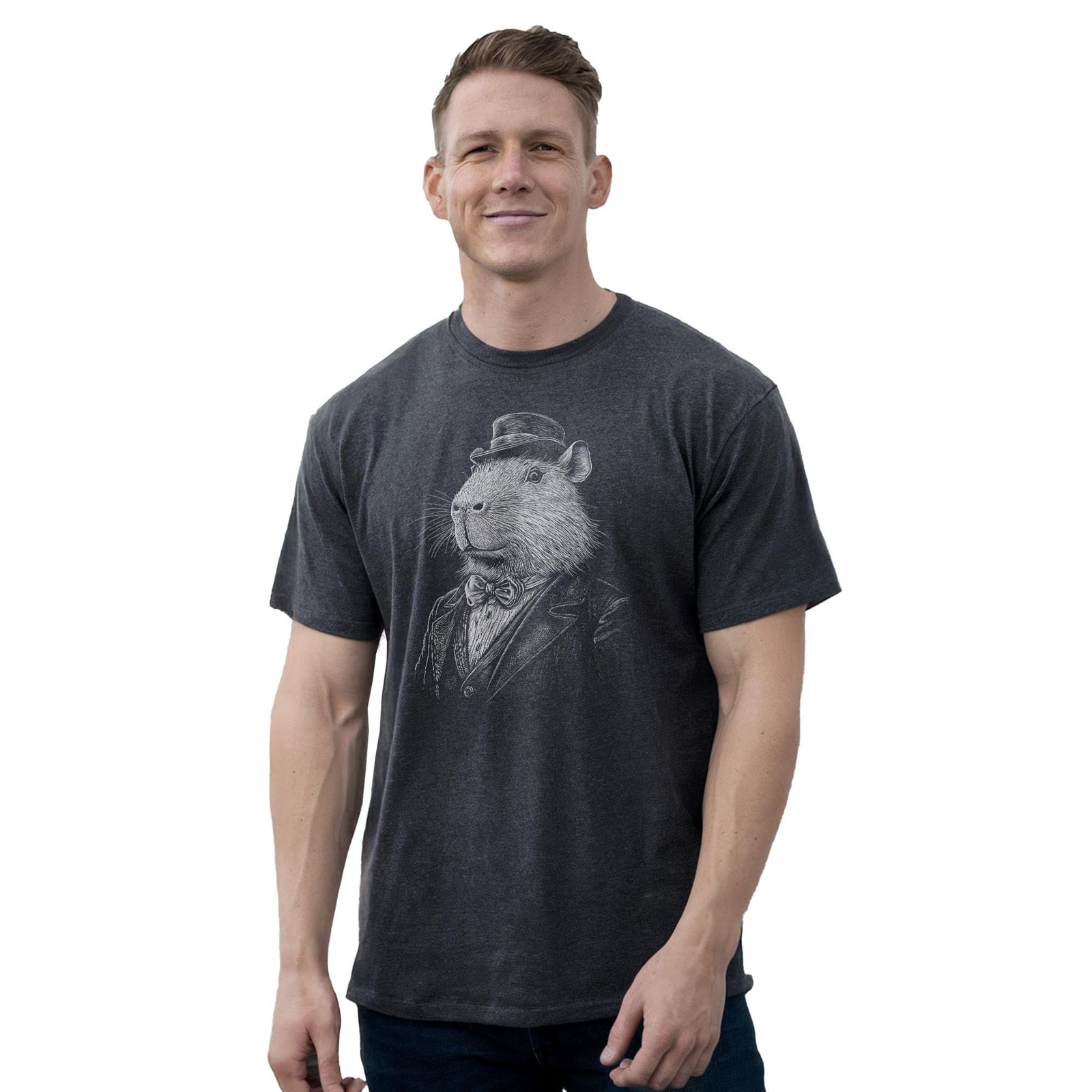 Gentleman Capybara Funny Staple T-shirt in Charcoal Heather On Model - Front View